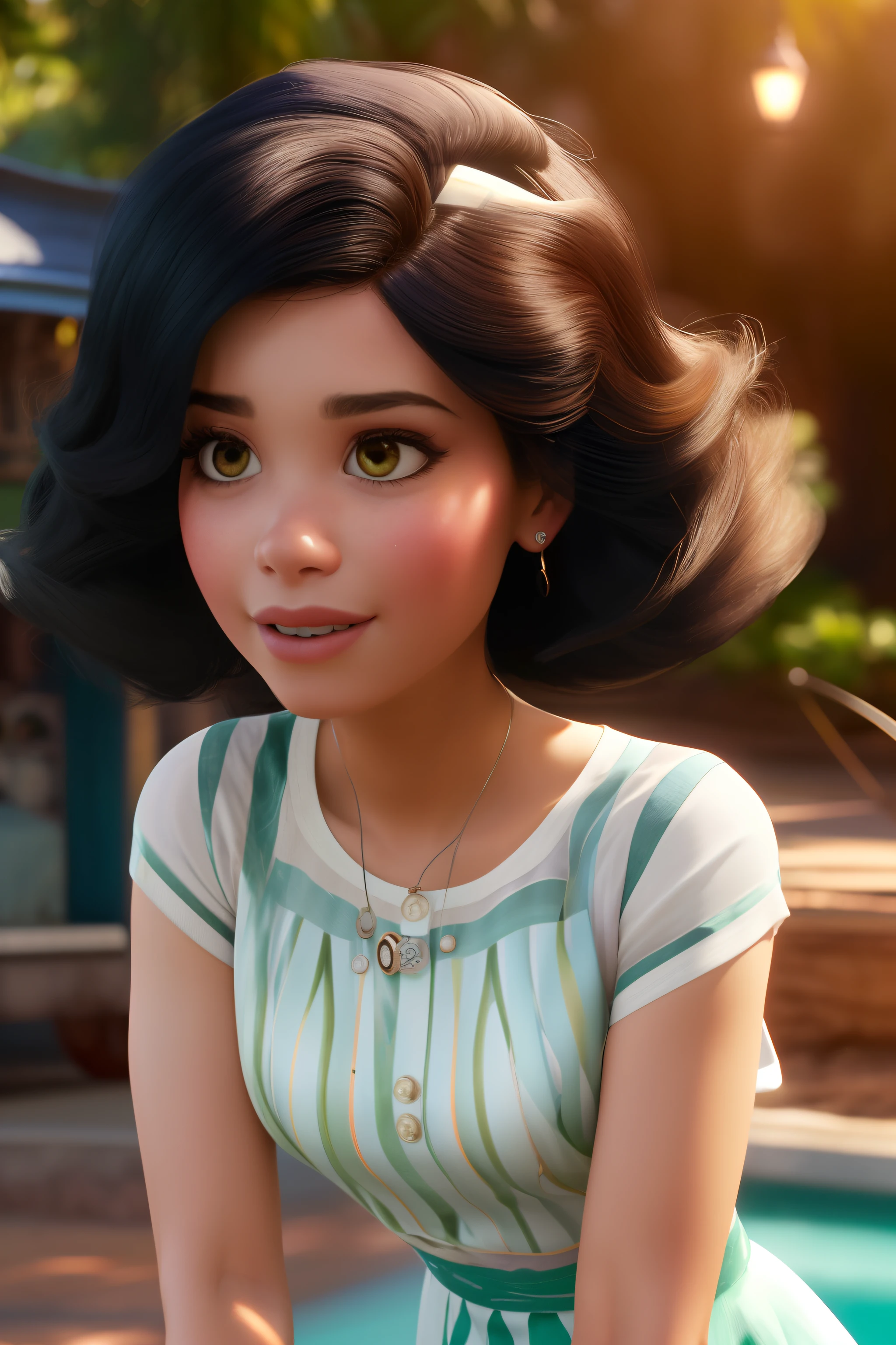 Estilo Disney Moderno, morena bonita com bonito (cabelo encaracolado), (retrato), luz do dia, (fundo desfocado), WLOP, Ross, art-station, CGSetnation, arte conceitual, CGSetnation, octan render, trend in Art station, artstationHD, artstationHQ, Motor irreal, 4k, 8k sete imagens