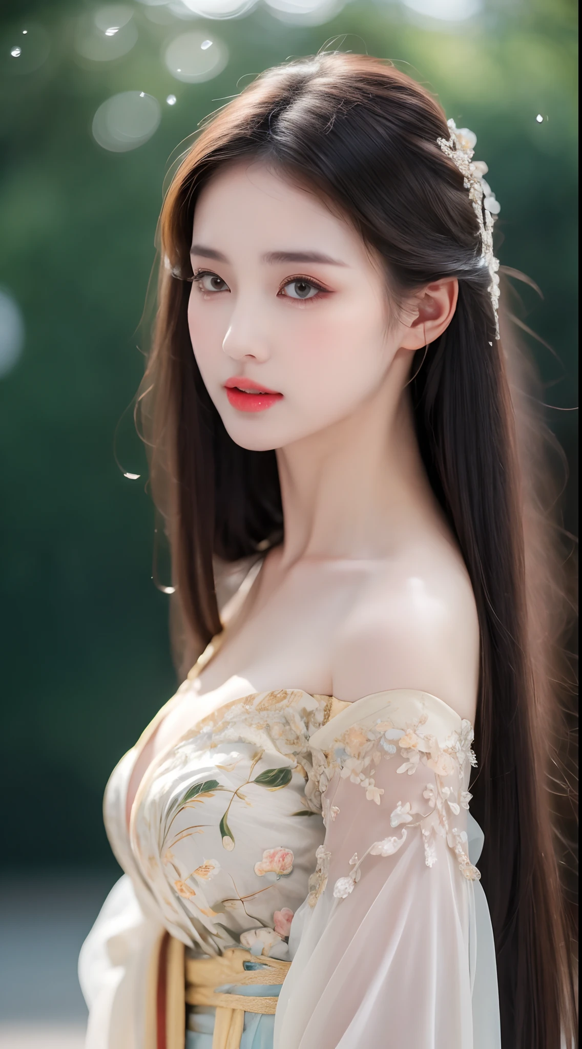 ((Best Quality, 8k, Masterpiece: 1.3)), Focus: 1.2, Perfect Body Beauty: 1.4, Buttocks: 1.2, ((Layered Haircut)), (Wet Clothes: 1.1), (Rain, Street:1.3), (Breasts: 1.2), (Hanfu: 1.2), Bare Shoulders, Bare Legs, Highly Detailed Face and Skin Texture, Fine Eyes, Double Eyelids, Whitened Skin, Long Hair, (Shut Up: 1.5), (Bokeh Background: 1.5), Big Breasts