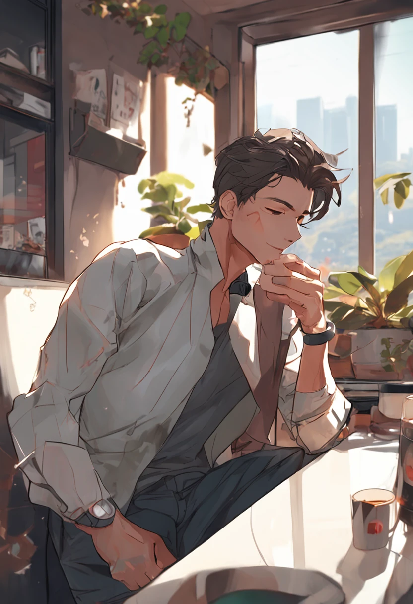 Anime man drinking coffee in front of the window, Morning coffee, Dean Fujioka, realistic anime art style, Anime Realism Style, artwork in the style of guweiz, Handsome stunning realistic, realistic art style, digital anime illustration, semi realistic anime, Anime portrait of a handsome man, Smooth Anime CG Art,4K