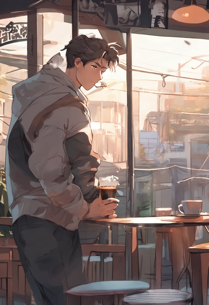 Anime man drinking coffee in front of the window, Morning coffee, Dean Fujioka, realistic anime art style, Anime Realism Style, artwork in the style of guweiz, Handsome stunning realistic, realistic art style, digital anime illustration, semi realistic anime, Anime portrait of a handsome man, Smooth Anime CG Art,4K