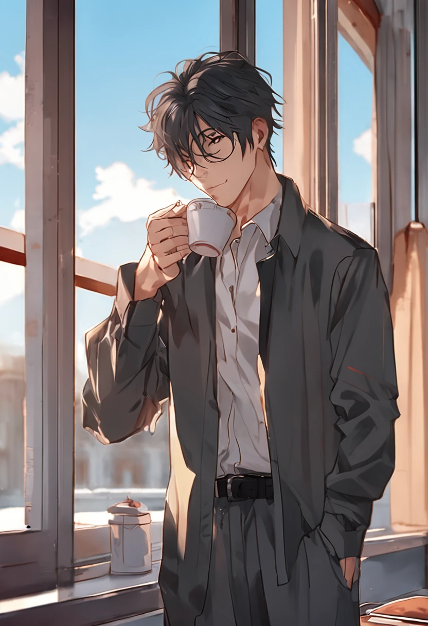 Anime man drinking coffee in front of the window, Morning coffee, Dean Fujioka, realistic anime art style, Anime Realism Style, artwork in the style of guweiz, Handsome stunning realistic, realistic art style, digital anime illustration, semi realistic anime, Anime portrait of a handsome man, Smooth Anime CG Art,４K