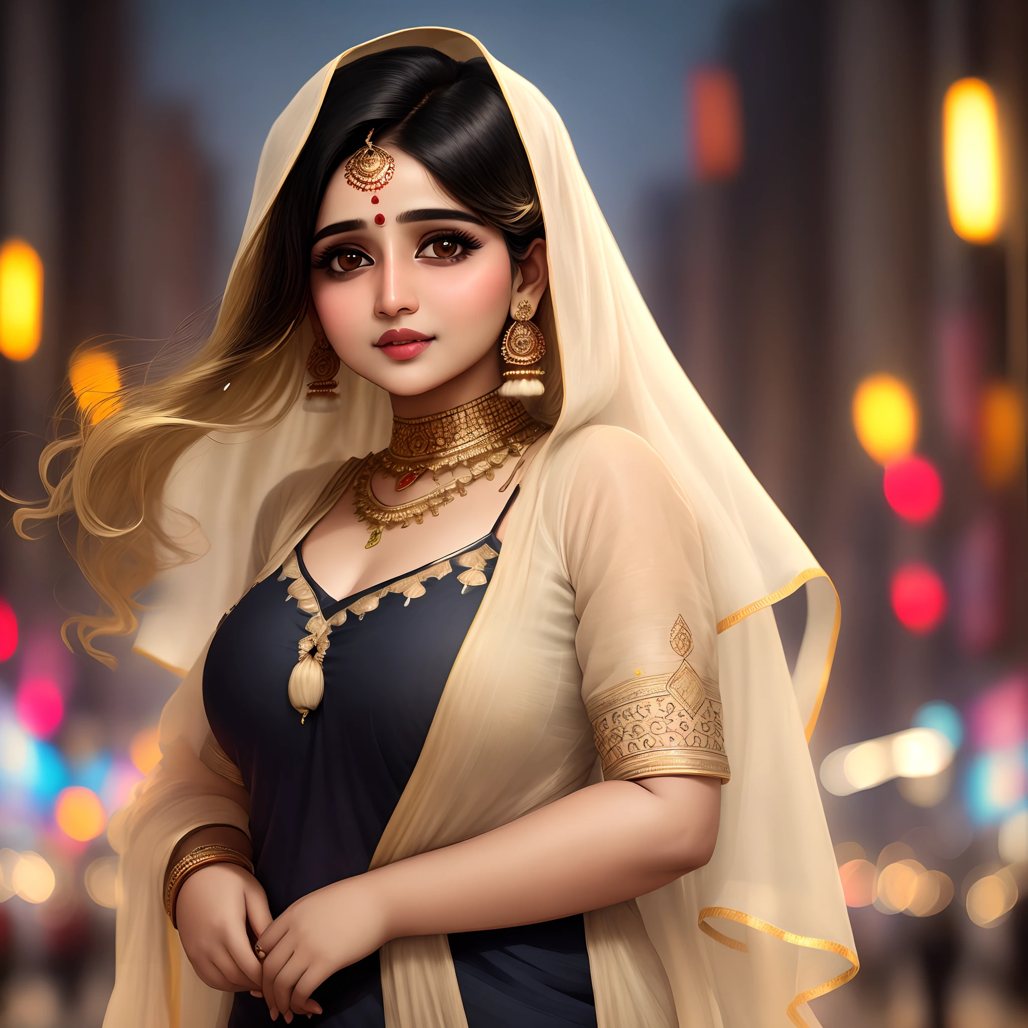 (((desi girl))), chubby face, natural skin, wearing hot deep neck top and dupatta, charming black hair, ((hair ends are blonde)), city streets background, bokeh