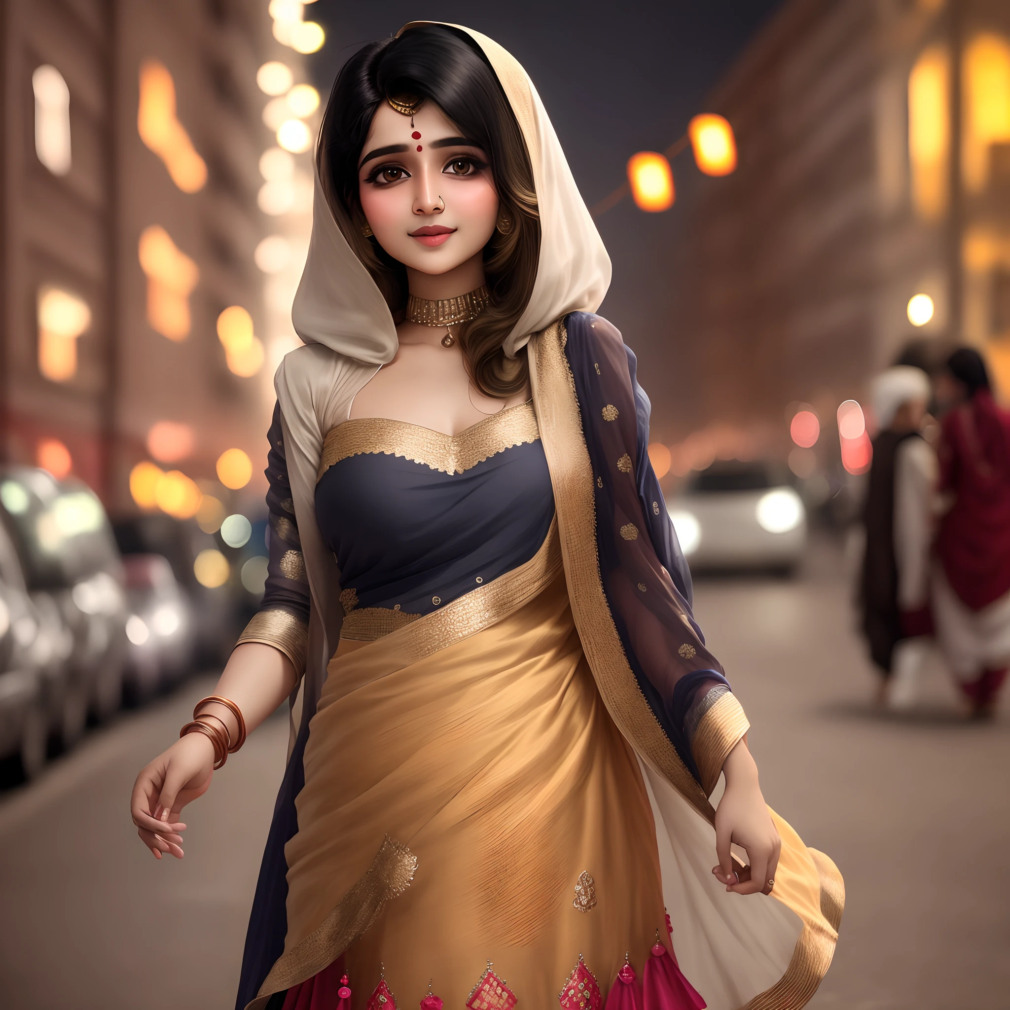 (((desi girl))), chubby face, natural skin, wearing hot deep neck top and dupatta, charming black hair, ((hair ends are blonde)), city streets background, bokeh