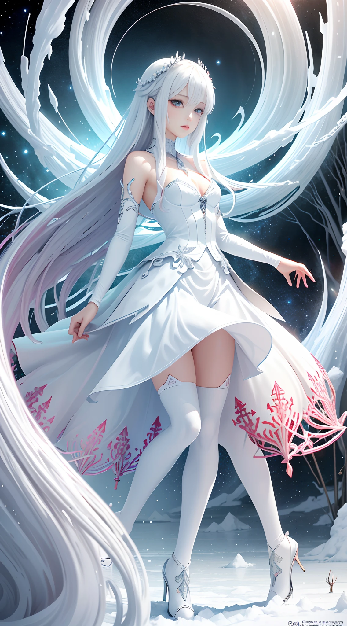 realisticlying,(tmasterpiece,top Quority,best qualtiy,offcial art,Beauty and aesthetics:1.2),The is very detailed,s fractal art,Colorful,Most detailed,zentangle,(abstract backgrounds:1.5)(1girll:1.3),Kamimei,White color hair,(luminous red eyes),mistic,(magia),Ice and snow,((amaryllis)),Hades,hell