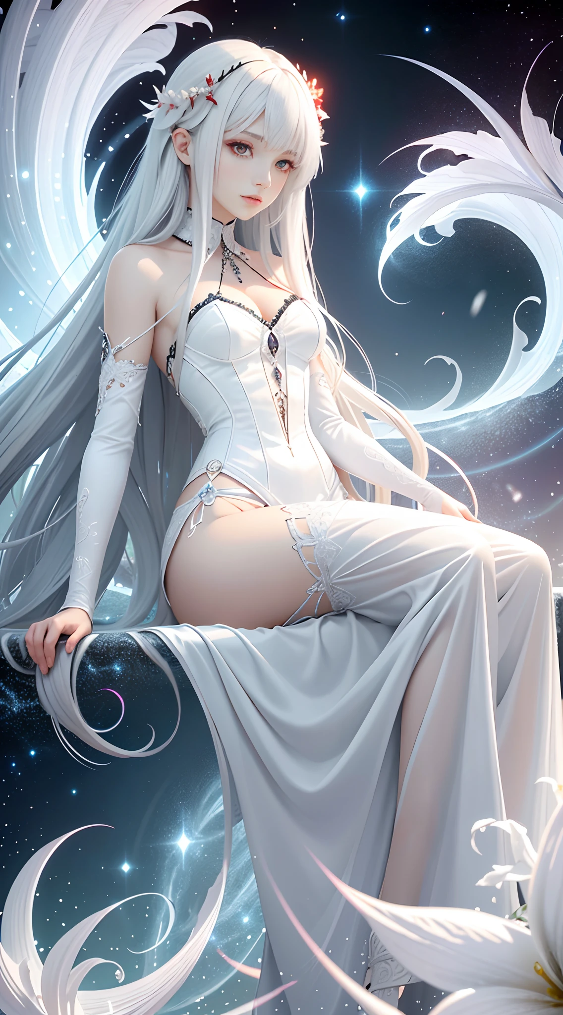realisticlying,(tmasterpiece,top Quority,best qualtiy,offcial art,Beauty and aesthetics:1.2),The is very detailed,s fractal art,Colorful,Most detailed,zentangle,(abstract backgrounds:1.5)(1girll:1.3),Kamimei,White color hair,(luminous red eyes),mistic,(magia),Ice and snow,((amaryllis)),Hades,hell