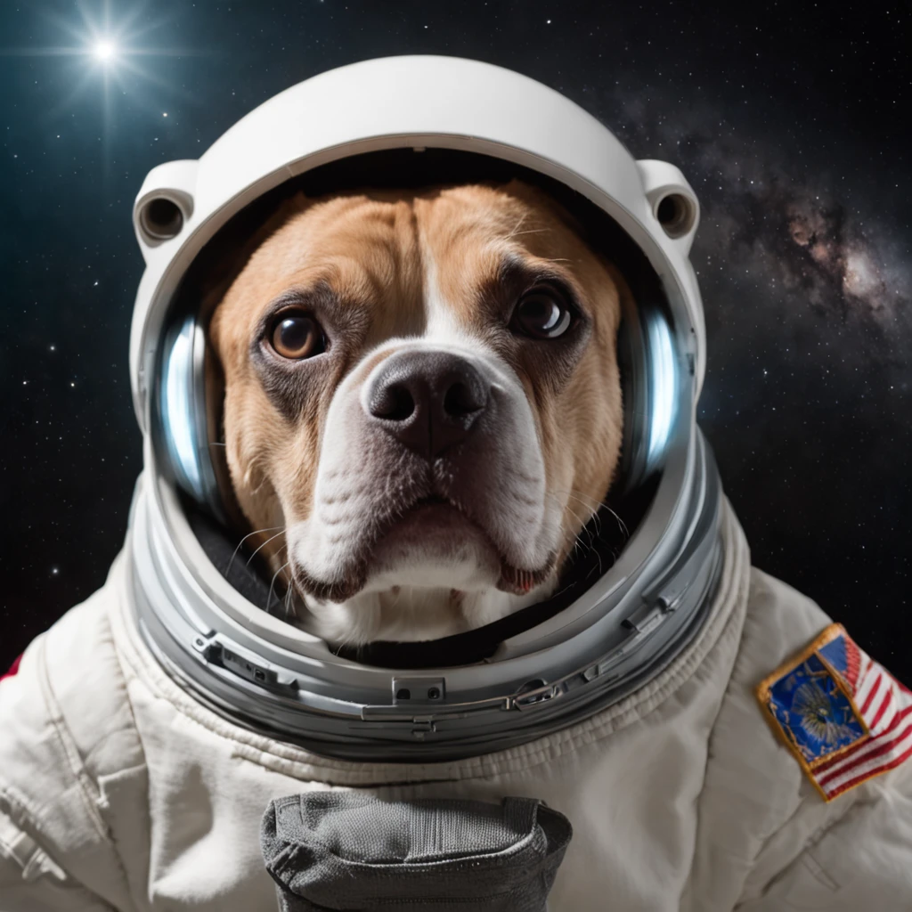 Cachorro com roupa de astronauta: Represente um cachorro realista vestindo uma roupa de astronauta, com todos os detalhes da roupa, como capacete, spacesuit and insignia. Pay attention to the dog's details, como texturas do pelo, olhos, muzzle and facial expressions, to create a realistic and expressive look. Alien spacecraft: Create an alien spaceship with a unique and futuristic design. Add complex technical details, as control panels, luzes, janelas e outros elementos visuais interessantes. Use realistic textures and materials to give the spacecraft a sense of authenticity.Ambiente espacial: Represent outer space with a dark, deep sky, repleto de estrelas brilhantes e nebulosas. Adicione elementos espaciais, como asteroides, planetas distantes e outros objetos celestes, para criar um ambiente imersivo e realista.Use careful lighting to highlight the dog, the astronaut suit and the spacecraft. Certifique-se de que a luz esteja posicionada de forma a criar sombras e reflexos realistas, to give depth and realism to the image. Create the image with a resolution of 8K (7680x4320 pixels) and in proportion 16:9, ensuring a sharp image suitable for widescreen formats.