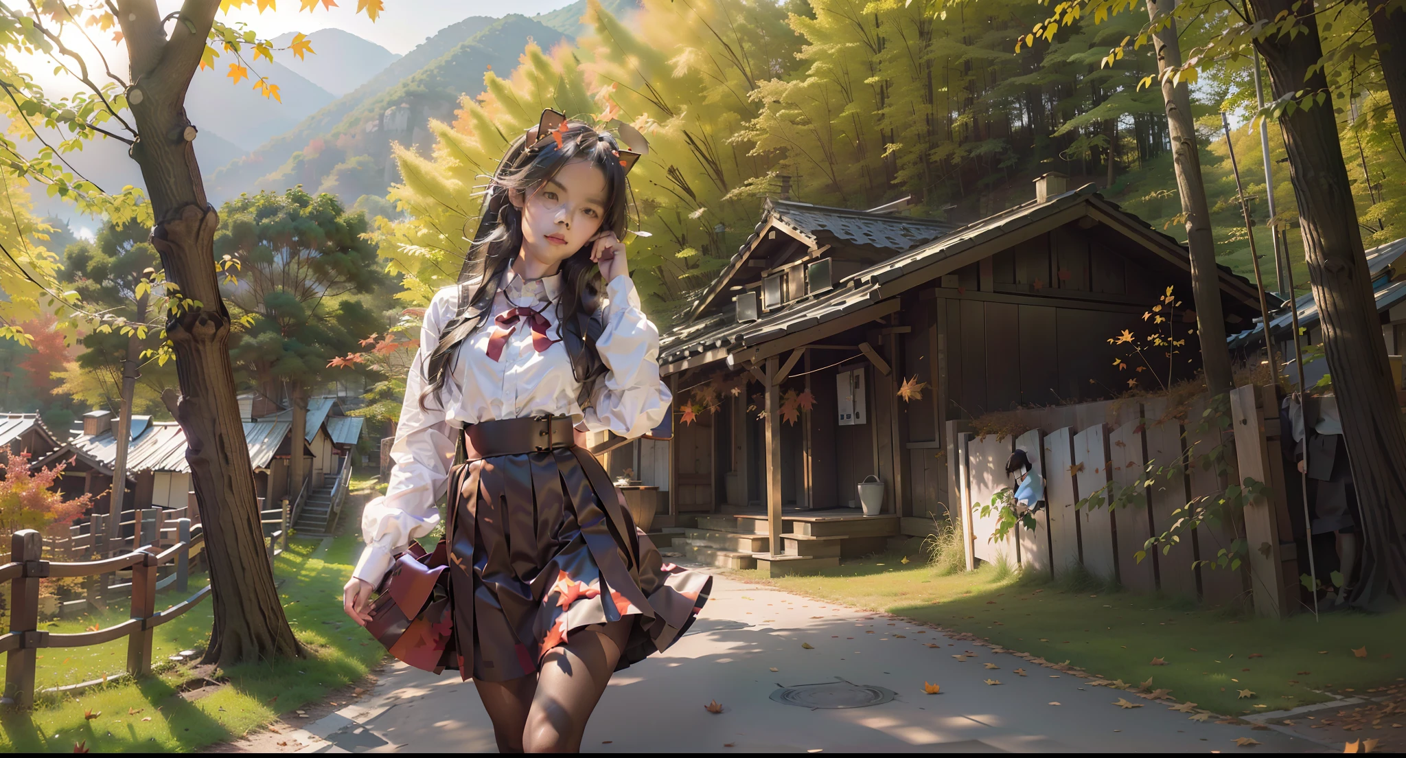 1 girl，facial closeups，Stand in the autumn maple forest，maple trees，Red maple leaf，long  skirt，long sleeves shirt，Black tights，leather shoes，full bodyesbian，falling leaf，grassy fields，nature reserve，Red Maple，Manteau