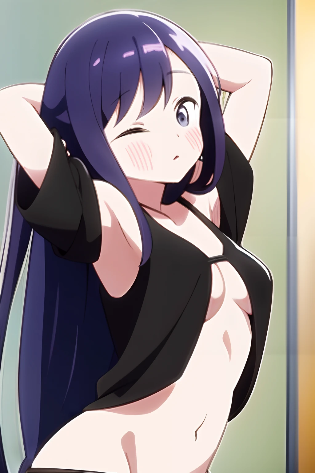 Kubo Nagisa, black-framed eyewear, solo, bangs, open mouth, very long hair, straight hair, arms up, one eye closed, (masterpiece:1.6, best quality), (finely detailed beautiful eyes: 1.2), (masterpiece), (best quality), (shiny hair), (shiny skin), (shiny skin), solo, twin tail hair, large breast, big boobs, boob curtain, under boobs, ((upper body)), (micro bikini), presenting armpit, bare shoulder, collar bone, (mole armpit), arm up, beach, selfie, cowboy shot, straightened, arms behind head, hands behind head, arms raised, hands in pockets, standing, ((detachable sleeves), (randoseru)), (side boobs), (bikini)