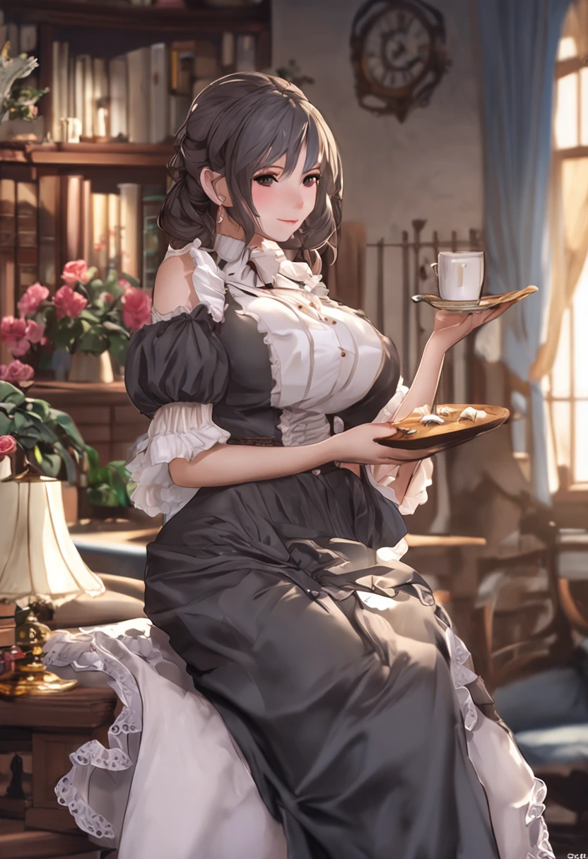 Beautiful woman with breasts on desk、top-quality, 超A high resolution, (Photorealsitic:1.4、Beautiful girl with big、Maids、Medium hair、a bed、very big boobs,detailed maid outfit、mansion、big areolae、Full valley、Milk on the table