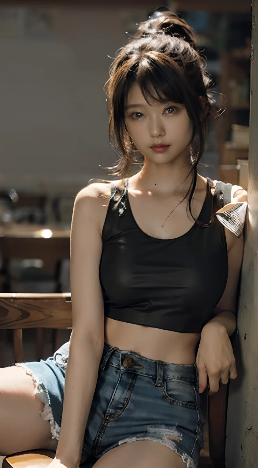 (8K、Raw photography、Your face is illuminated by lights、top-quality、outside of house、Shunguang、Bright lighting front gym sitting、masterpiece:1.2)、(realisitic、Photorealsitic:1.37)、Ultra mini skirt、Open your legs to the left and right、Open your legs wide from side to side、Short clothing、White shorts、skirt by the、ultra-detailliert、Full body posture、Beautiful constriction、Leather Green Tank Top、Sleeveless、large boob、large udder、超A high resolution、1人、Denim skirt、Low-rise miniskirt、Beautiful navel、beautiful thigh、Beautiful bust、flaxen ponytail、Short clothing、see the beholder、beautifull detailed face、A smile、Constriction、(Slim waist) :1.3)、The shirt、Beautiful detailed skin、Skin Texture、floated hair、profetional lighting、