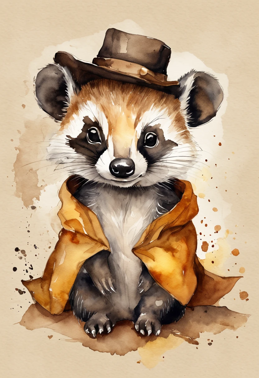 Badger Drawing. ele esta usando um cachecol da lufa-lufa amarelo e preto. the brown sorting hat is on his head