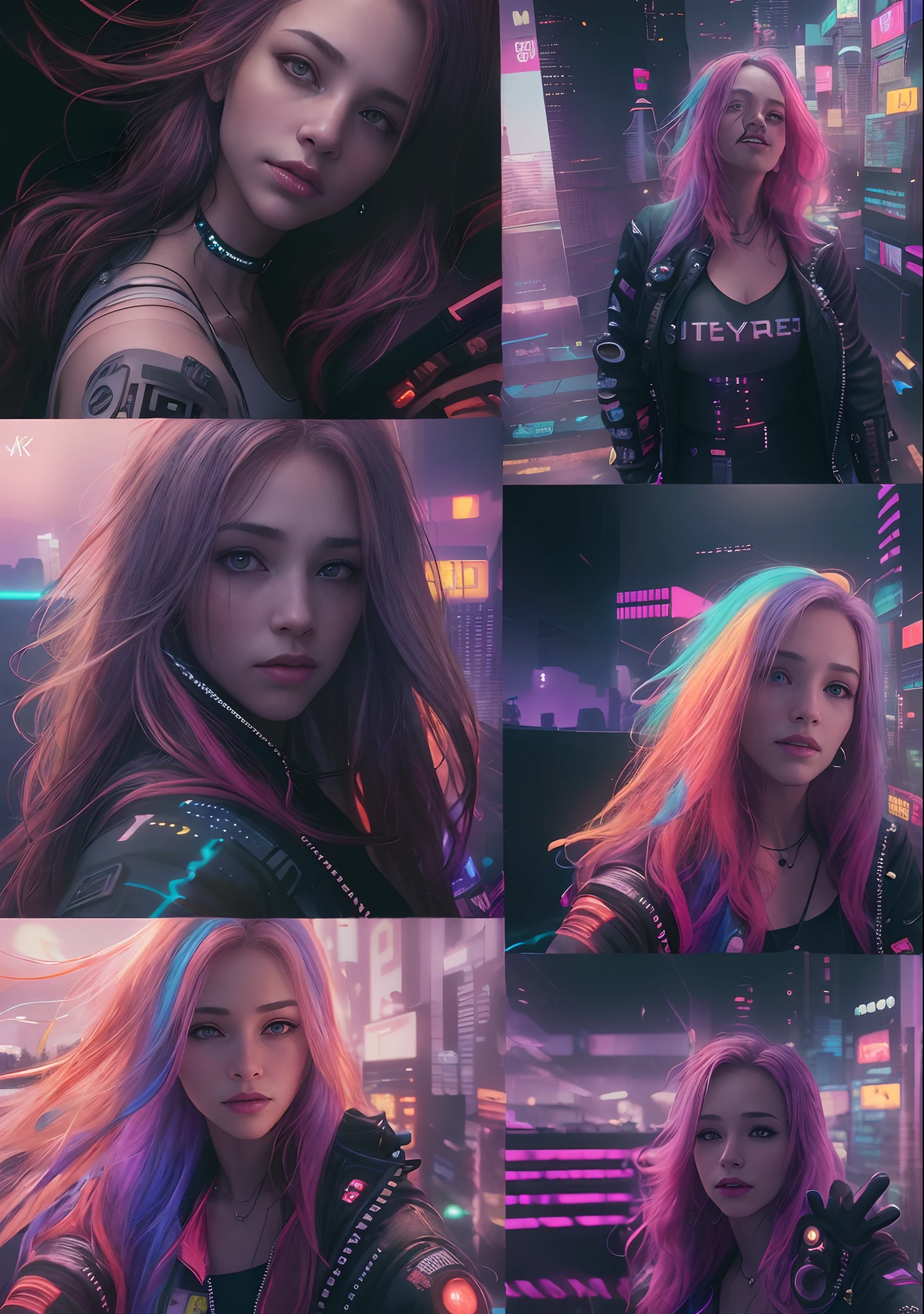 analog style, model shoot style, ((selfie:1.8)) of a girl, (1girl, young girl), (cyberpunk:1.8, cyberpunk city background:1.8), (long multicolored hair:1.4, pale skin:1.5), (from above:1.2),
((pretty face: 1.7, perfect face:1.5)), (best quality:1.5, hyperrealistic:1.5, photorealistic:1.4, Madly detailed CG unity 8k wallpaper:1.5,
masterpiece:1.3, Madly detailed photo:1.2), (hyper-realistic lifelike texture:1.4, realistic eyes:1.2), (octane render, unreal engine 5),
(ecstasy of light and shadow:1.5, deep shadow:1.5), (sony a7, 50 mm, film grain:1.5, 4K UHD HDR),
(photo by lee jeffries, Greg Rutkowski and Magali Villanueva)