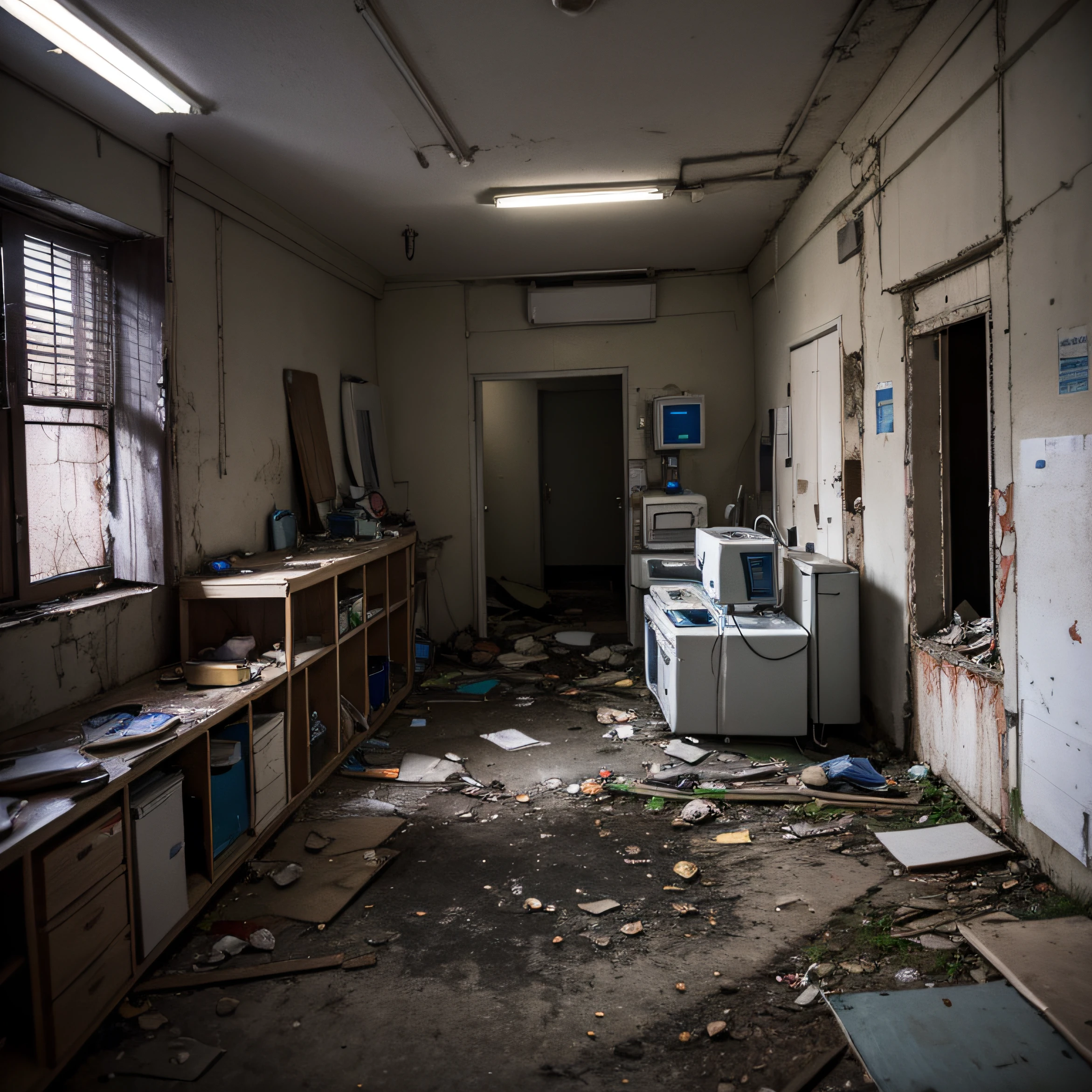 High Quality, Best Picture Quality, Best Quality, High Quality, 8K, 16K, 32K, (Inside an Abandoned Hospital), Night, Dimm, Fear, Doctor's Office, Medical Record, Formalin, Medical Equipment