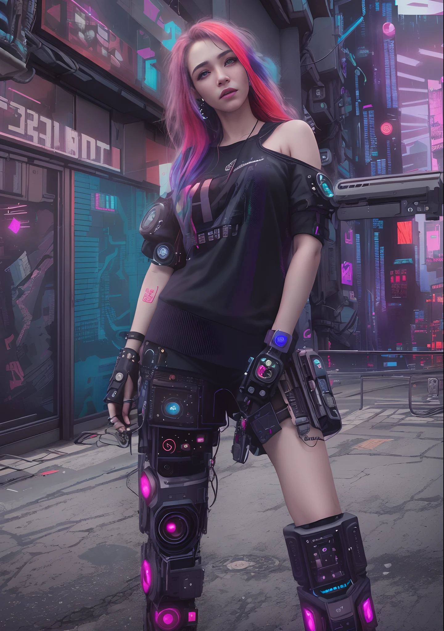 analog style, model shoot style, ((selfie:1.8)) of a girl, (1girl, young girl), (cyberpunk:1.8, cyberpunk city background:1.8), (long multicolored hair:1.4, pale skin:1.5), (from above:1.2),
((pretty  face: 1.7, perfect face:1.5)), (best quality:1.5, hyperrealistic:1.5, photorealistic:1.4, Madly detailed CG unity 8k wallpaper:1.5,
masterpiece:1.3, Madly detailed photo:1.2), (hyper-realistic lifelike texture:1.4, realistic eyes:1.2), (octane render, unreal engine 5),
(ecstasy of light and shadow:1.5, deep shadow:1.5), (sony a7, 50 mm, film grain:1.5, 4K UHD HDR),
(photo by lee jeffries, Greg Rutkowski and Magali Villanueva)