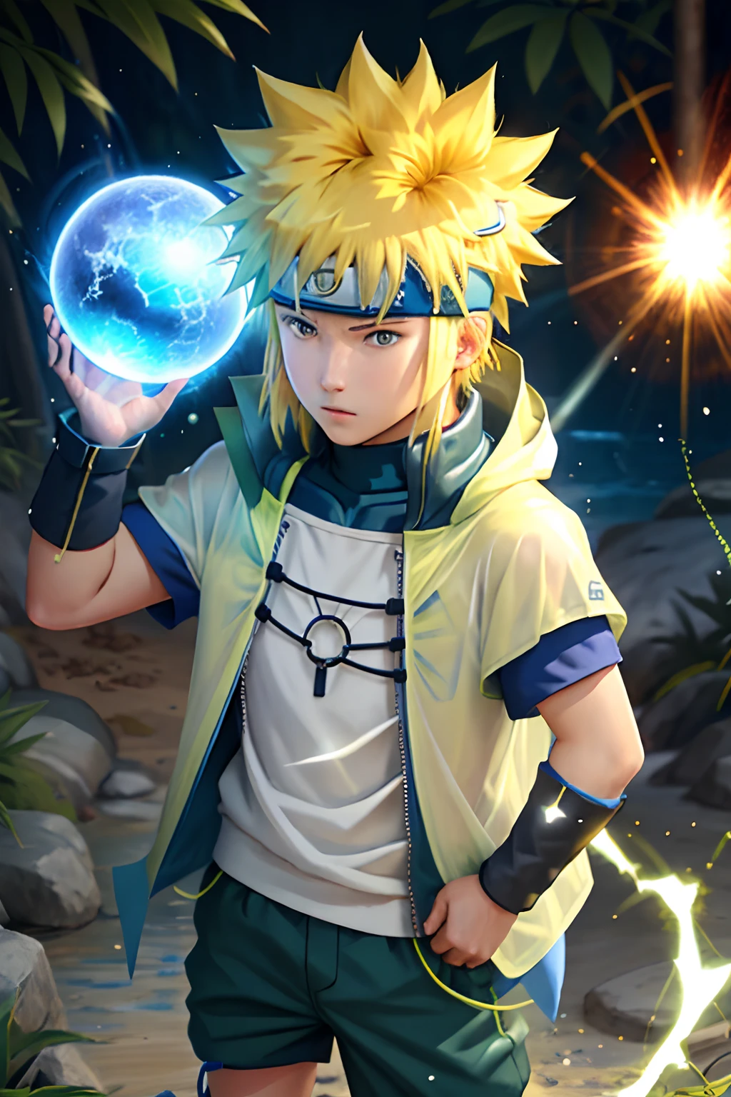 1 boy,spiked hair,yellow hair,energy blue ball,green body armor,blue forehead protector,white short sleeve raincoat,blue sandals,blue pants