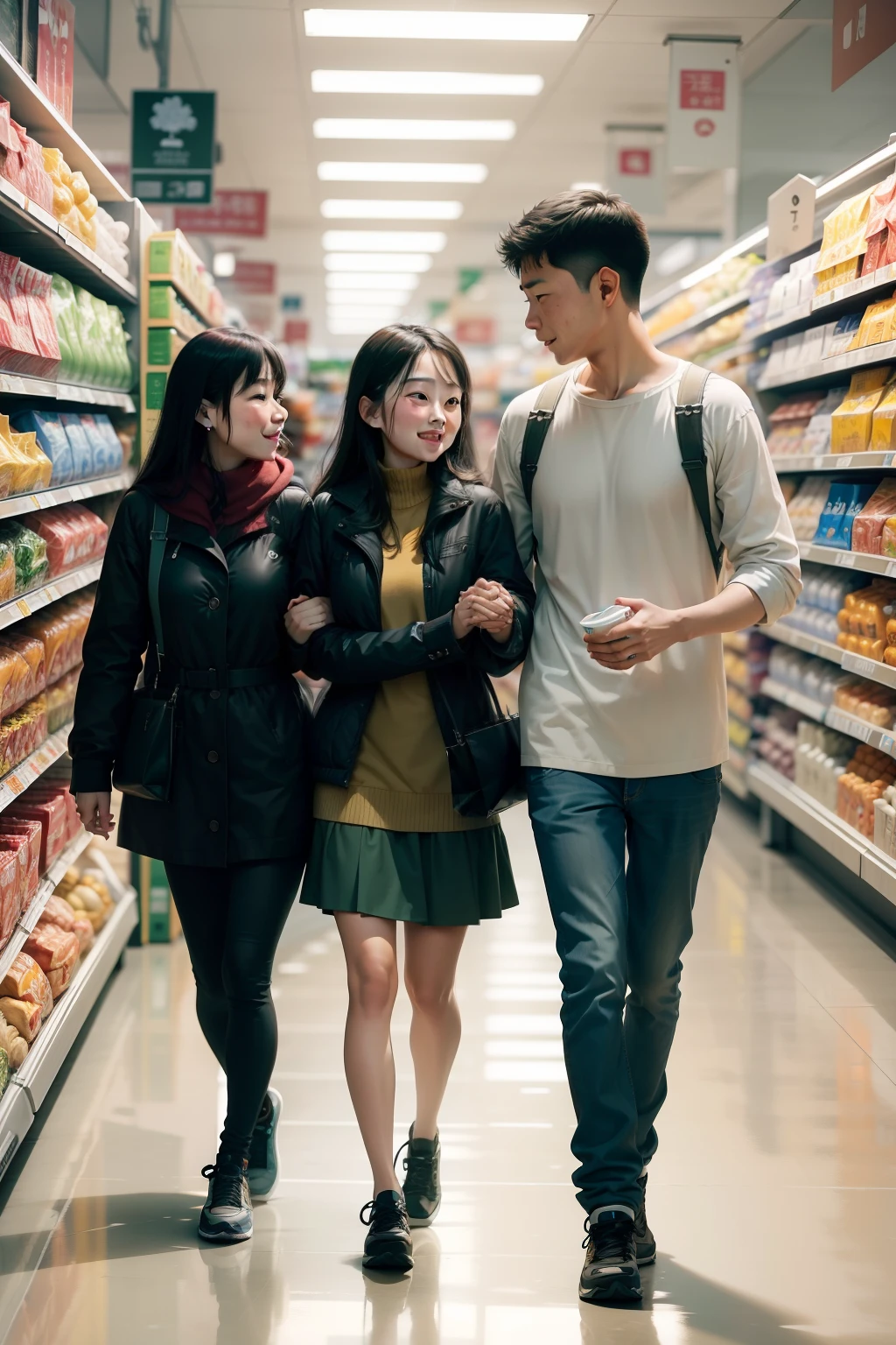 A family holding hands goes shopping at the supermarket，The family chatted happily with each other。