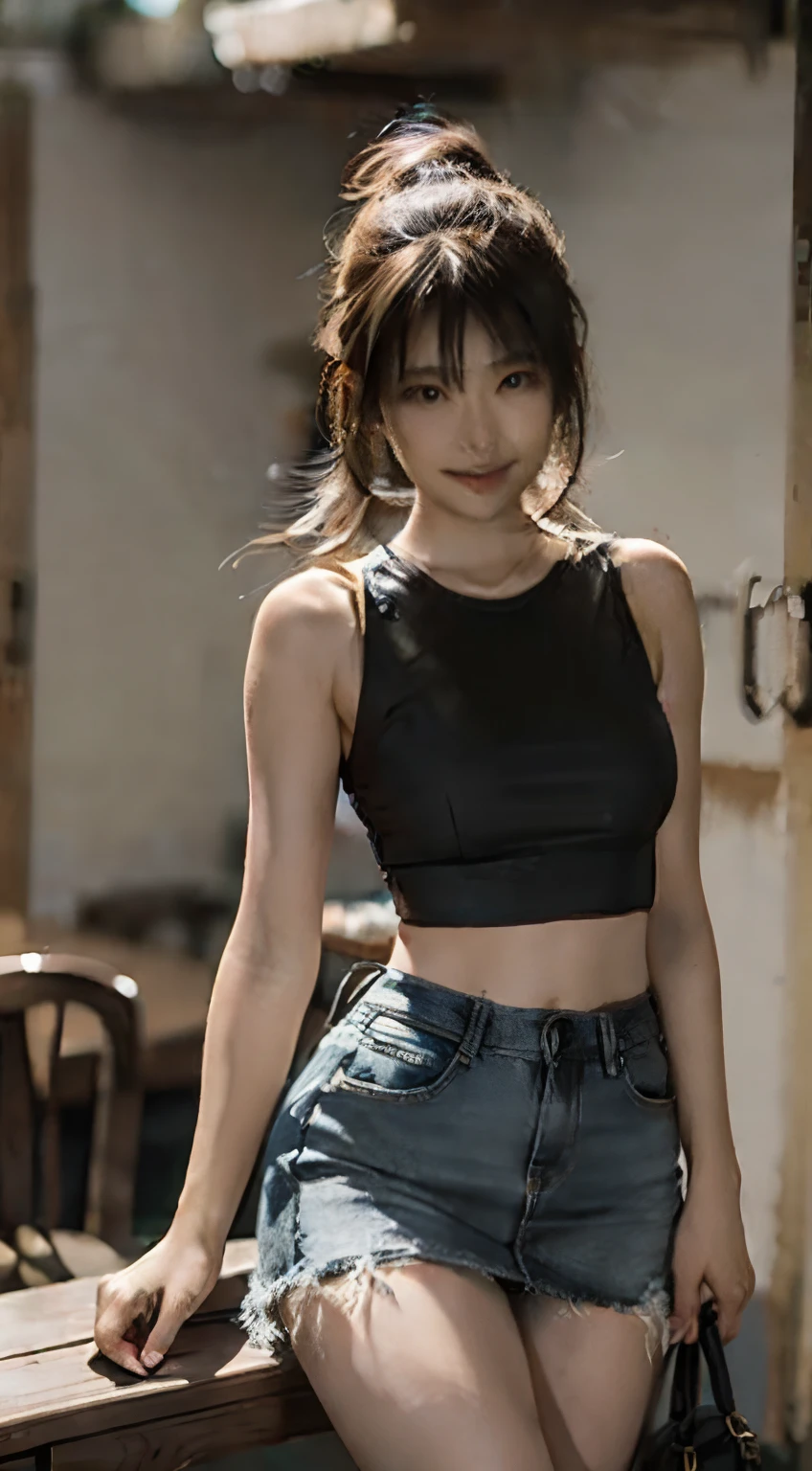 (8K、Raw photography、Your face is illuminated by lights、top-quality、outside of house、Shunguang、Bright lighting front gym sitting、masterpiece:1.2)、(realisitic、Photorealsitic:1.37)、Ultra mini skirt、Open your legs to the left and right、Open your legs wide from side to side、Short clothing、White shorts、skirt by the、ultra-detailliert、Full body posture、Beautiful constriction、Leather Green Tank Top、Sleeveless、large boob、large udder、超A high resolution、1人、Denim skirt、Low-rise miniskirt、Beautiful navel、beautiful thigh、Beautiful bust、flaxen ponytail、Short clothing、see the beholder、beautifull detailed face、A smile、Constriction、(Slim waist) :1.3)、The shirt、Beautiful detailed skin、Skin Texture、floated hair、profetional lighting、