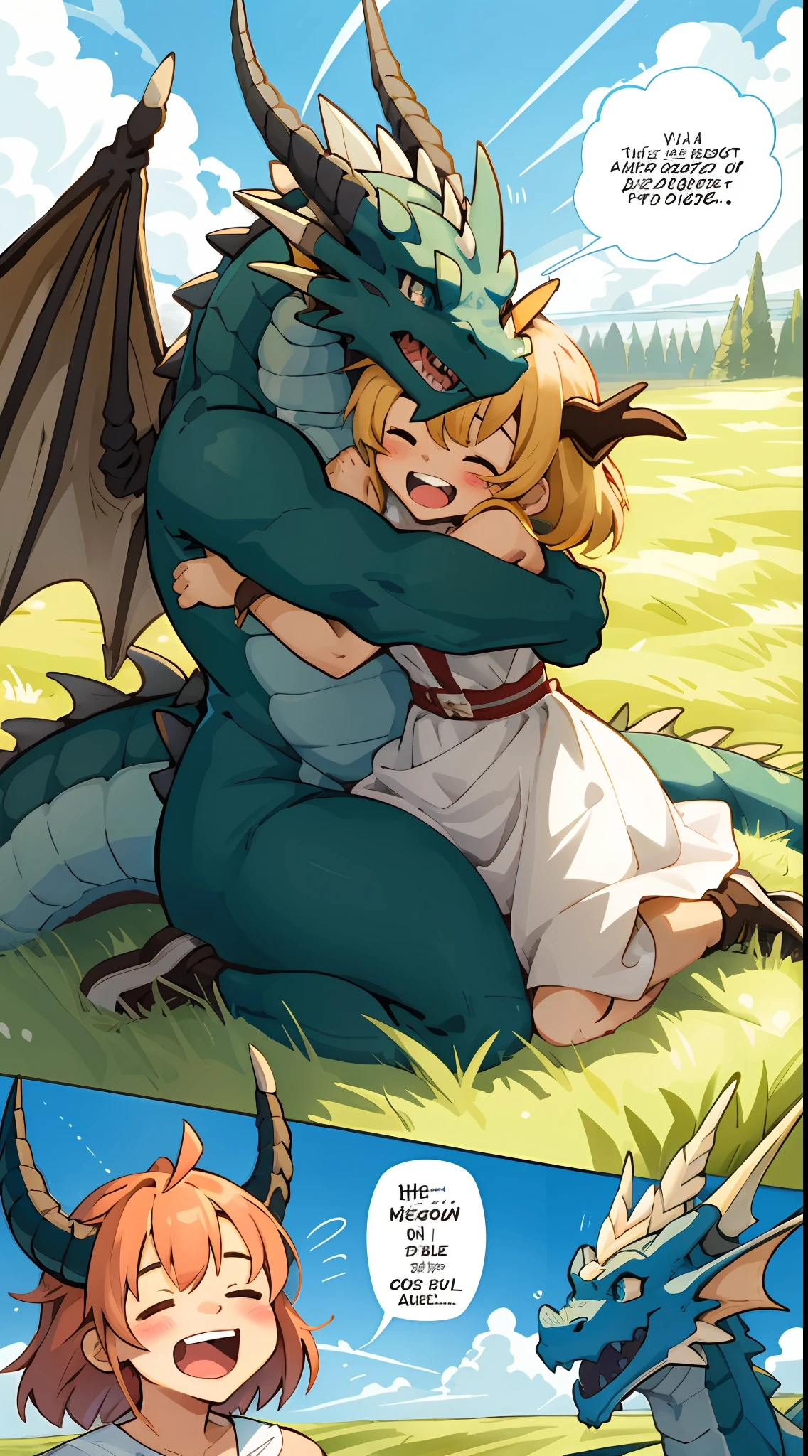 top quality, best quality, highres, masterpiece, super high resolution, detailed background, grass field, under refreshing blue sky, height difference, small Dragon, smile, hugs girl((movie of a  Dragon and human woman))woman hugs Dragon, dress skirt, smile, open mouth, happy, joyful absurdres(highly detailed beautiful face and eyes)perfect anatomy, good lighting, cinematic shadow, assorted expressions, assorted poses, assorted angles, full body, upper shot, dynamic angle(girls comic-like panel layouts, speech balloon, English text, Hand-drawn sound effects stickers used in girls comic),