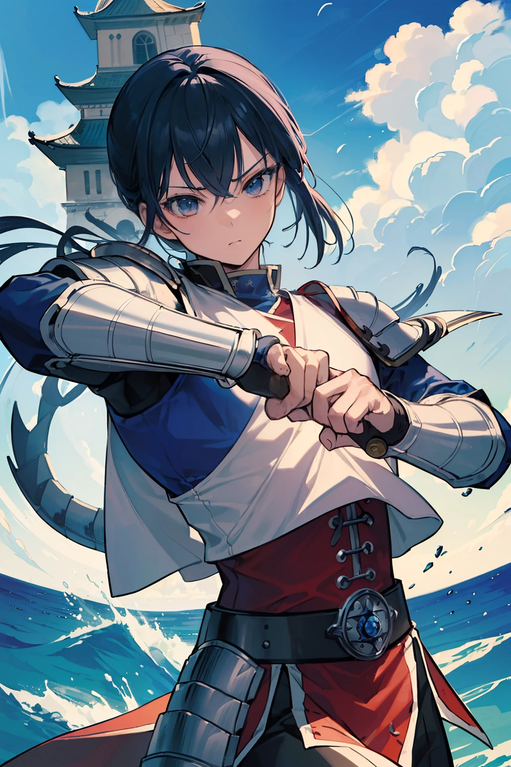 (((top-quality)))、(((ultra-detailliert)))、(((​masterpiece)))、(((comics)))、Bust Up Close-up、Superhero、action、Dynamic、Pow、Strong hit、Gunsō Hachisun Unable to retreat, blue kaku white kaku black kaku red kaku atones and sinks into the ocean dragontail castle gate tigerbite castle gate turtle armor castle gate phoenix wing castle gate