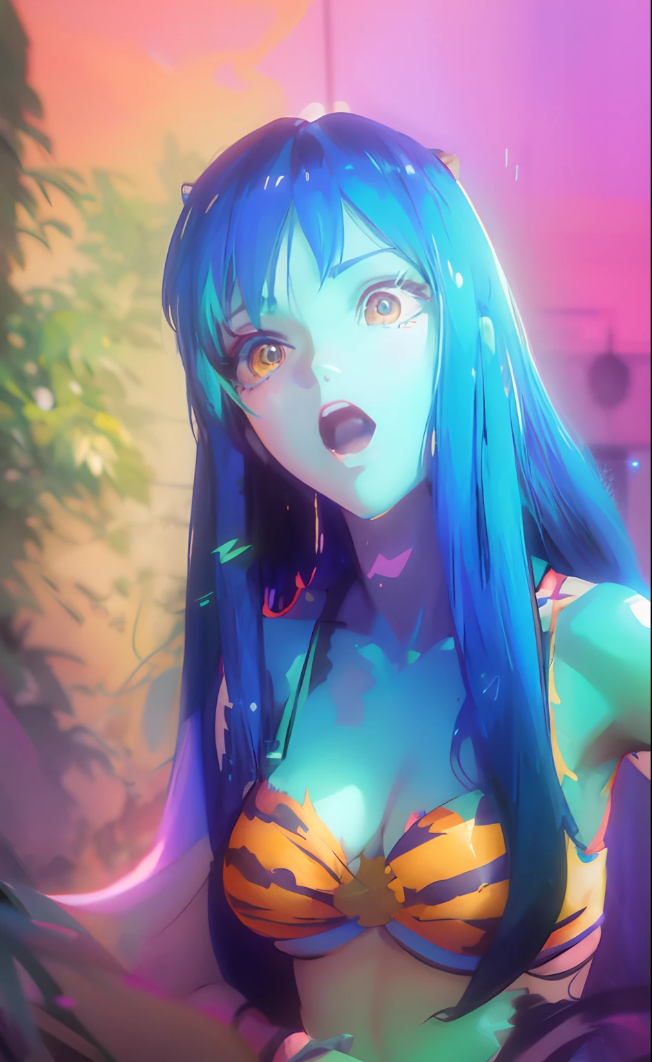 Anime girl taking photo in bikini with blue hair and tiger print, anime styled 3d, Stylized anime, made with anime painter studio, anime stylized, rendered in sfm, Anime style. 8K, Ahegao, anime cgi, painted in anime painter studio, digital art in anime style, Detailed Digital Anime Art, photorealistic anime girl render