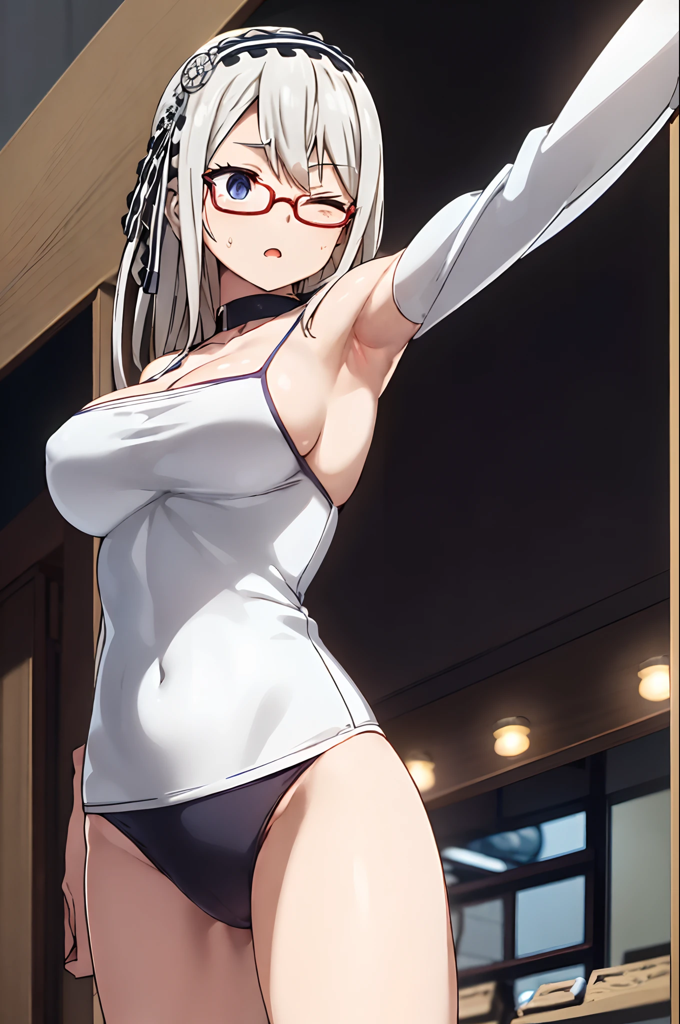 Shirogane Kei (Kaguya-sama), black-framed eyewear, solo, bangs, open mouth, very long hair, straight hair, arms up, one eye closed, (masterpiece:1.6, best quality), (finely detailed beautiful eyes: 1.2), (masterpiece), (best quality), (shiny hair), (shiny skin), (shiny skin), solo, twin tail hair, large breast, big boobs, boob curtain, under boobs, ((upper body)), (micro bikini), presenting armpit, bare shoulder, collar bone, (mole armpit), arm up, beach, selfie, cowboy shot, straightened, arms behind head, hands behind head, arms raised, hands in pockets, standing, ((detachable sleeves), (randoseru)), (side boobs), (bikini)