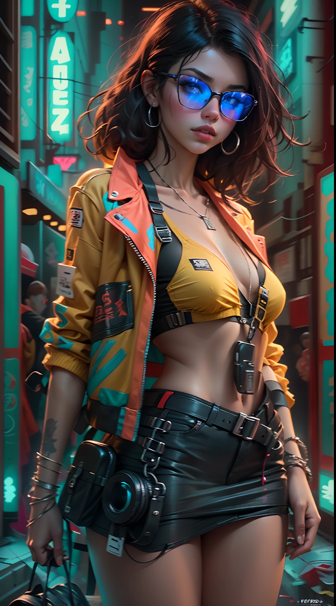 motor irreal:1.4,CG ultra realista 64K, fotorrealista:1.4, textura de la piel:1.4, obra maestra:1.4,Hermosa selena gomez con lingeries babydoll、Ropa corta estilo cyberpunk color amarillo, pantimedias red , Mini falda azul,
