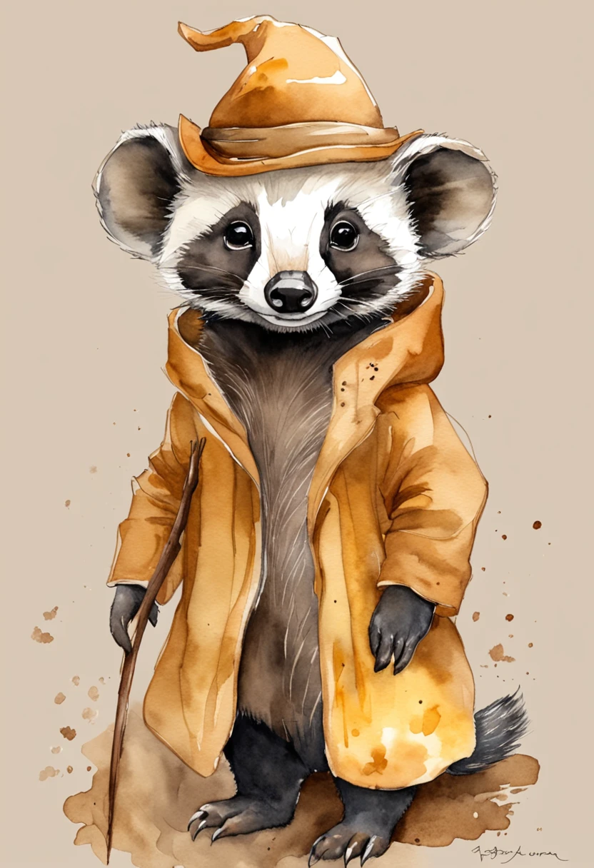 Badger Drawing. ele esta usando um cachecol da lufa-lufa amarelo e preto. A brown witch hat is on his head