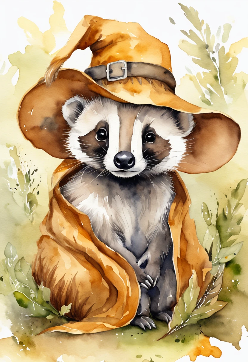 Badger Drawing. ele esta usando um cachecol da lufa-lufa amarelo e preto. A brown witch hat is on his head