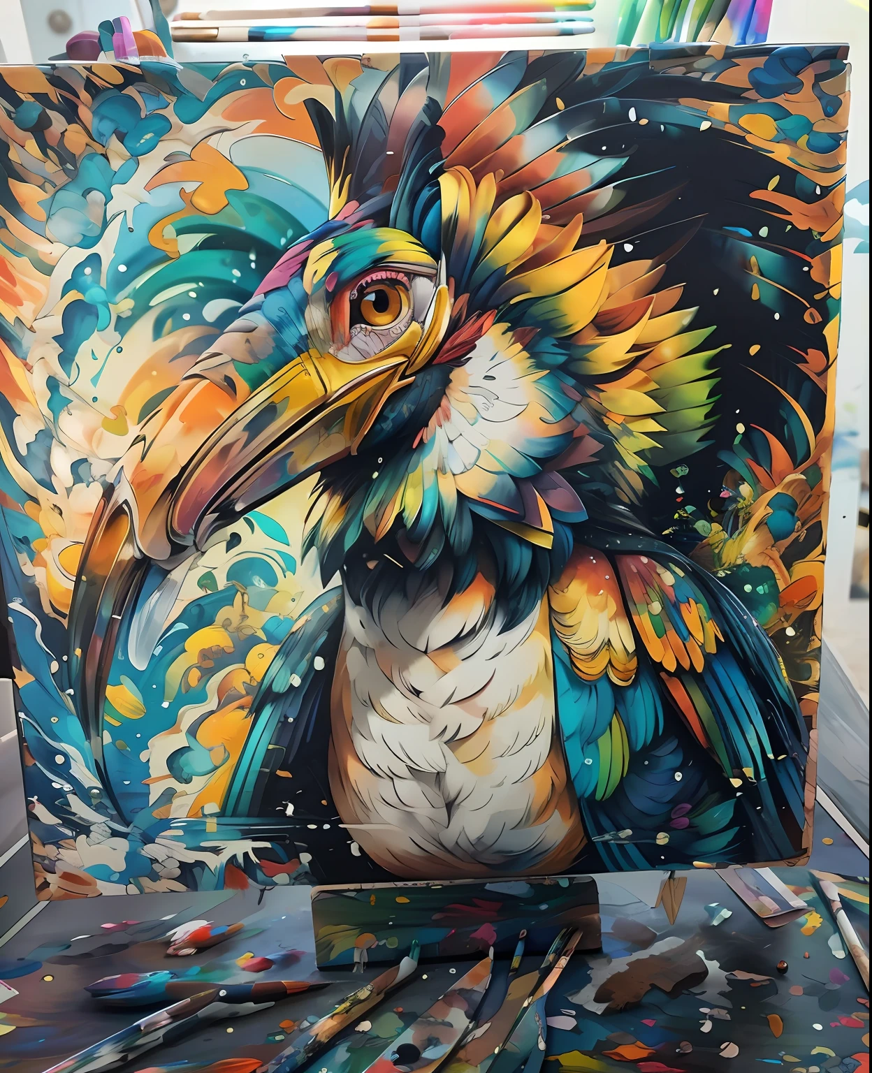 Colorful bird painting on a black marble countertop, 6 bicos tucanos, Tucano, limited edition print, detailed acrylic, photorealistic print of exotic, surrealistic bird, airbrush painted, airbrush on canvas, 16k arte altamente detalhada, colorido hiperdetalhado, Arte altamente detalhada em 8K, Arte 8K altamente detalhada, inspirado em Charles Bird King