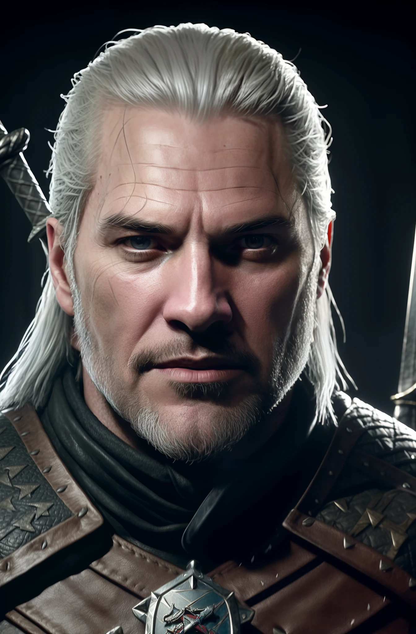 Close-up of a man with a sword in a dark room, Portrait of Geralt of Rivia, Geralt (Disambiguation), Geralt of Rivia, Witcher, Witcher, Geralt of Rivia in Dark Souls, Witcher)), The witcher 3, The witcher 3, Keanu Reeves as Geralt of Rivia, 8k portrait rendering