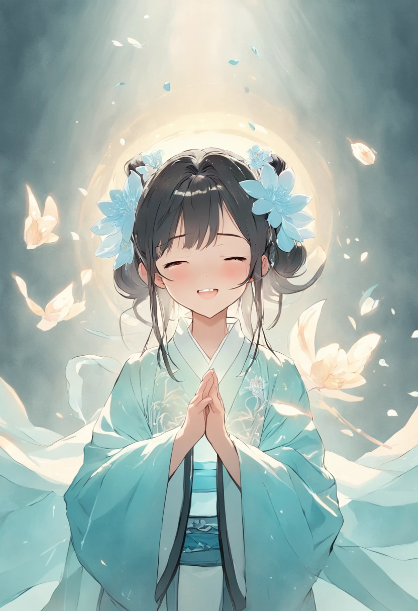 Ancient Chinese girl in light blue Hanfu smiling,Prayers are surrounded. Huge lotus flower, ,The median is transparent/Translucent pink lotus, soft, Glow,author：Yumei, Light, light blue and white, Simple white background, surrealist, , Super detail, Textured skin, 8K ,cheerfulness,Bright, Sunny, Warm and sunny，Veiled face,Many petals are falling, North and South Dynasties,Hanfu, Very simple wind, Line,Chibi anime style，Hand detail