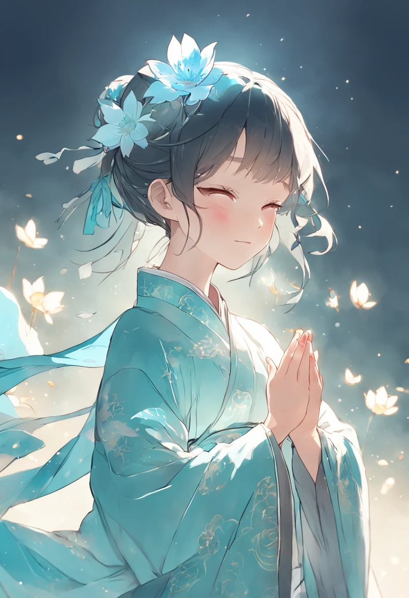 Ancient Chinese girl in light blue Hanfu smiling,Prayers are surrounded. Huge lotus flower, ,The median is transparent/Translucent pink lotus, soft, Glow,author:Yumei, Light, light blue and white, Simple white background, surrealist, , Super detail, Textured skin, 8K ,cheerfulness,Bright, Sunny, Warm and sunny,Veiled face,Many petals are falling, North and South Dynasties,Hanfu, Very simple wind, Line,Chibi anime style,Hand detail