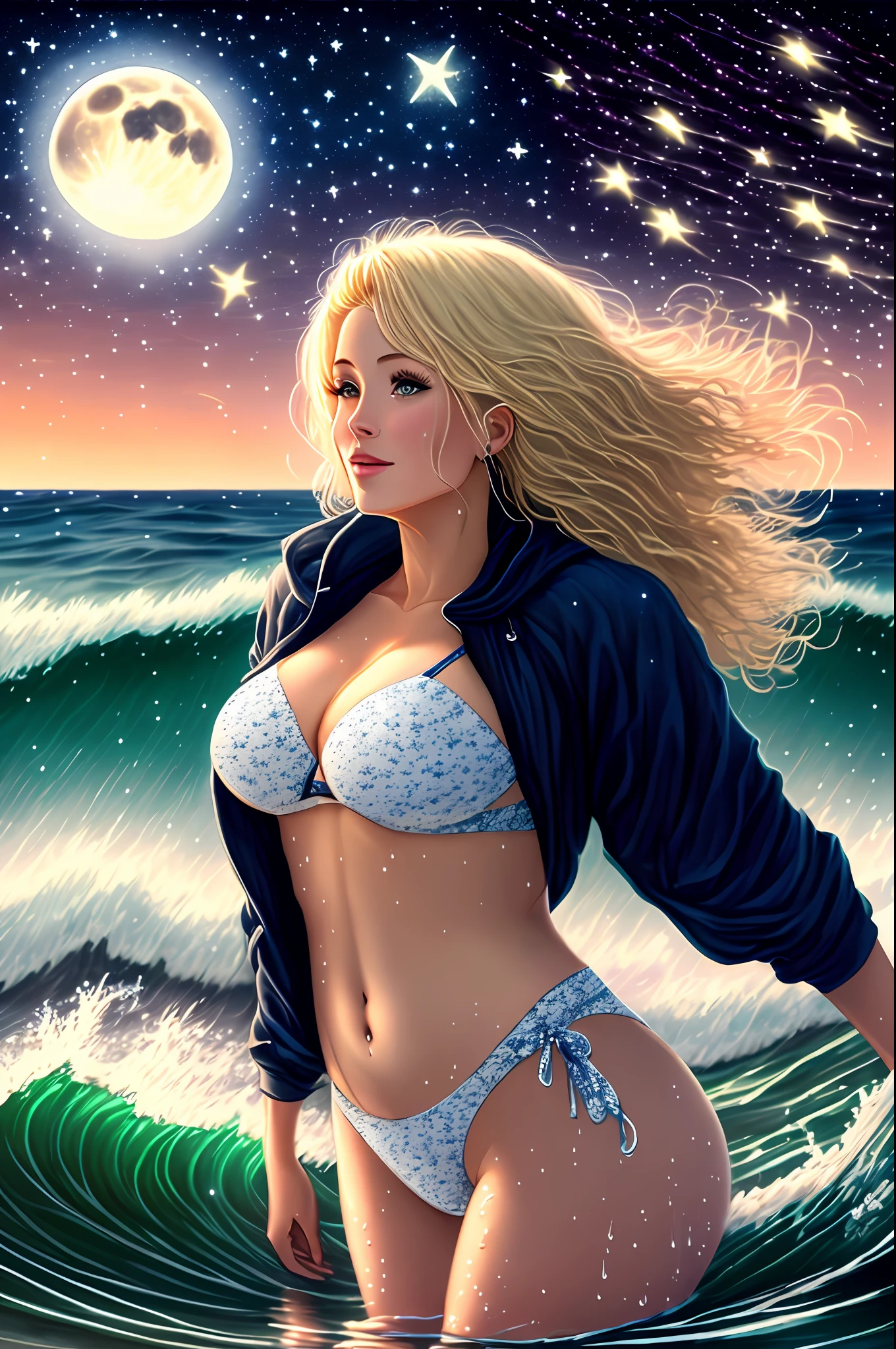 A background of the full moon, stars in the sky, twinkling meteors, and the twilight filling the sea horizon
The waves are moving. A beautiful blonde woman in a wet swimsuit emerges from the sea