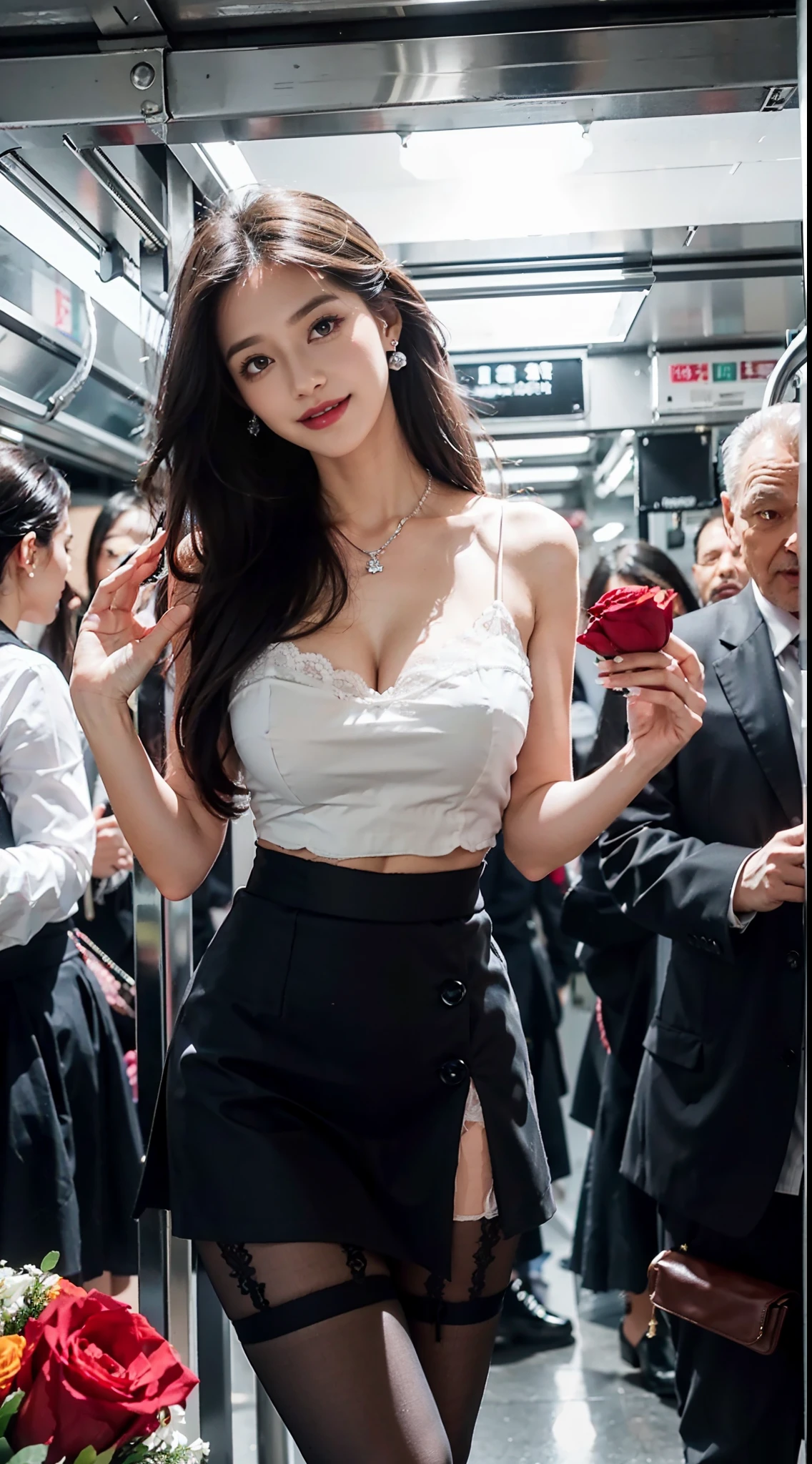 dark grey skirt,Skirt that wraps hips,cloths,Sexy appearance,White color blouse,F-cup,Bare one shoulder,Pink Long Hair,Exposed cleavage,Stand in a crowded subway car,Squeezed in the middle by idiots,Cold white skin,Smooth skin,huge size eyes,Long eyelashes,Lying silkworm,tall nose bridge,fully body photo,Elongated legs,brightened light,Bright smiley face,stare,Wear yours with a diamond necklace,Diamond stud earrings,Lace stockings on her legs,the wind blowing up the skirt,Holding a bouquet of red roses