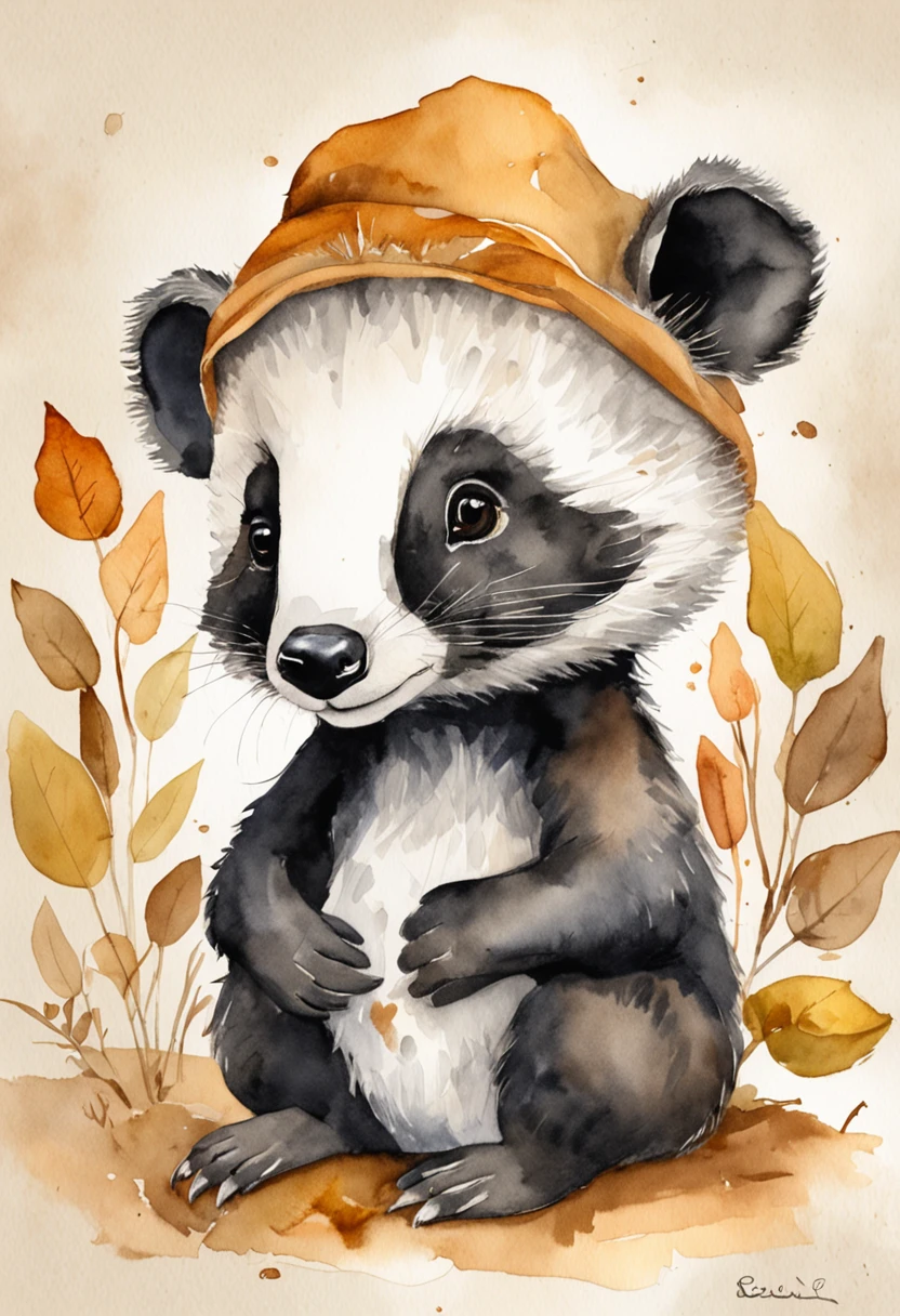 Baby Badger Drawing. ele esta usando um cachecol da lufa-lufa amarelo e preto. A brown witch hat is on his head covering one of his eyes