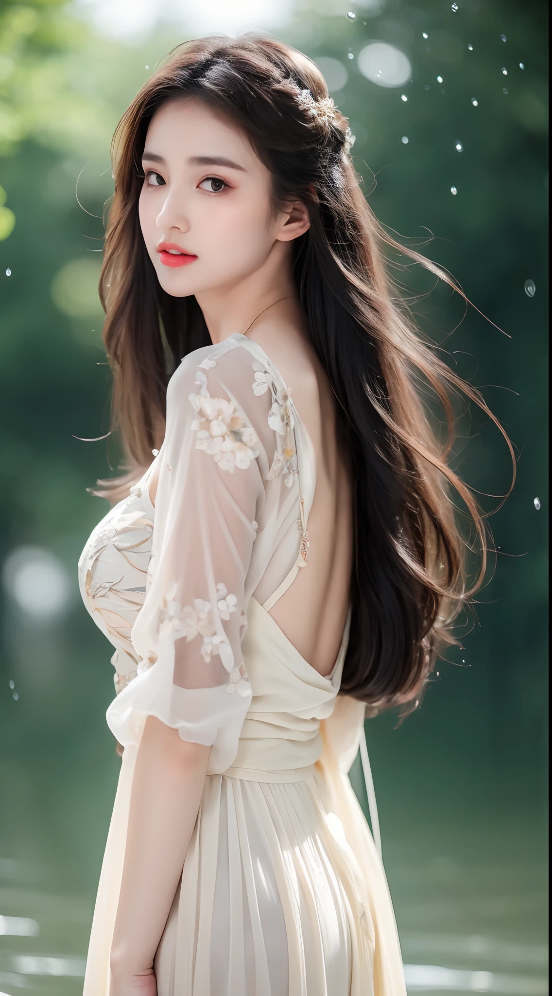 (masterpiece:1.2, highest quality), realistic, (real picture, intricate details, Depth of the bounds written,High-neck clothes), parted lips, very detailed, perfect face, perfect body, large model,
mature woman, expensive, long legs,
natural bokeh background,Costume with large open chest,revealing costumes,The lower body is only underwear,Only the upper body is dressed,random hairstyles,back view