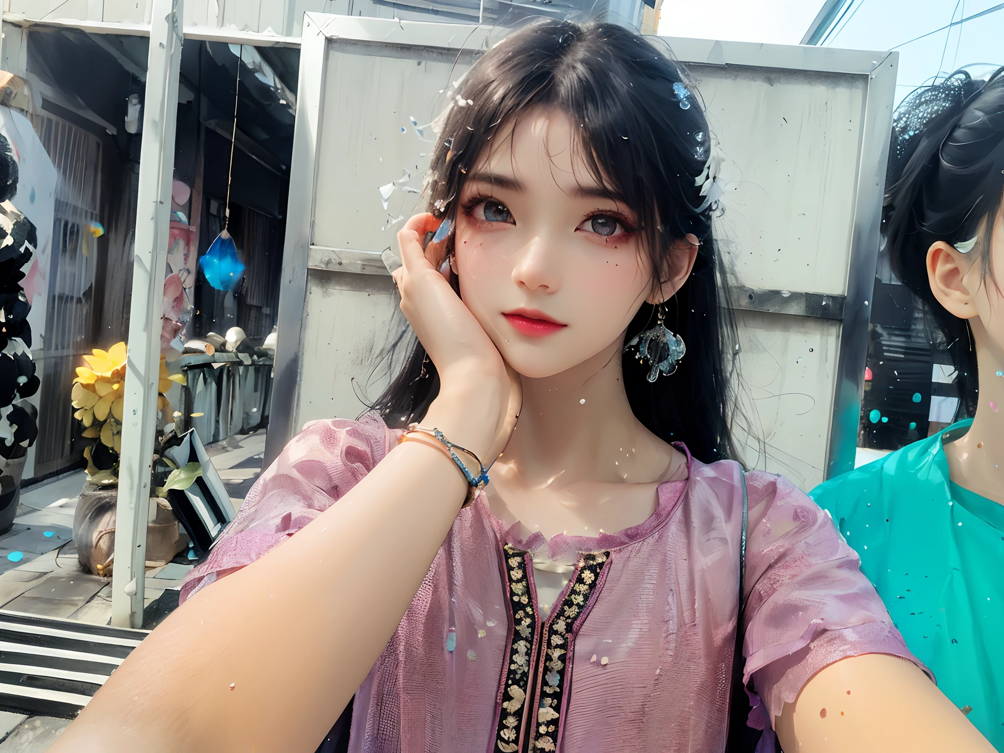 (Pink fashion T-Camisa,:1.9),(Colorful hair:1.8),(Rainbow all colors:1.8),((((Vertical painting:1.6))),(painterly:1.6),front side,comic,illustration,painterly,with big eyes,Crystal clear,(Iridescent gradient high ponytail:1.7),elaborate makeup,closed Mouth,(Small fresh:1.5),long lashes,White shoulder T- Camisa,, White Shoulder Shirt,looking at the viewers,watery big eyes,(rainbow color Hair:1.6), Color Splash, (solo:1.8), Color Splash, Color explosion, Color Splash, Color explosion, Thick lacquer style,Messy lines,((Shiny,)) ,(colorful,,), Thick Paint Style, (Splash) (Color Splash), Vertical Painting, upper body, Paint Splash, Acrylic Pigment, Gradient, Paint, Highest Image Quality, the highest picture quality, Masterpiece, Solo, depth offield, Face Paint, colorful clothes, (elegence: 1.2), Ornate, long haired, aeolian, (elegence: 1.3), (petaled: 1.4),(((master masterpiece))),(((the best quality t))),((ultra Detailed)),(illustartion),(Dynamic Angle),((floating)),(painti),((Loose hair)),(solo),(1girl) , (( (Detailed anima face))),((Beautiful detailed face)),collars,Shoulders exposed,White Hair,((colourfel hair)),((streaked hair)),Beautiful detailed eyes,(Gradient eyes),(( (color eyes))),(((colorfully background))),(((high satur))),(((Surrounded by colorful splashes))),(Hanfu)