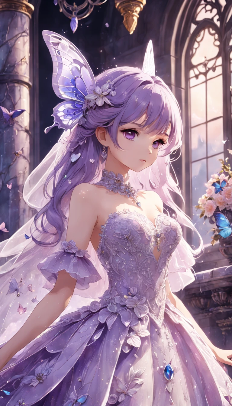 The new purple crystal wedding dress is filled with multi-layer tulle, European-style white patterned marble background wall, fairy tale palace style, and oversized skirt. The neckline and cuffs are decorated with openwork lace elements and jewelry, and the skirt is covered with gorgeous flowers and butterflies. Fantasy, Surreal, HD, Super Detailed, Realistic, High Pixel, Octane Rendering, Cinematic Lighting