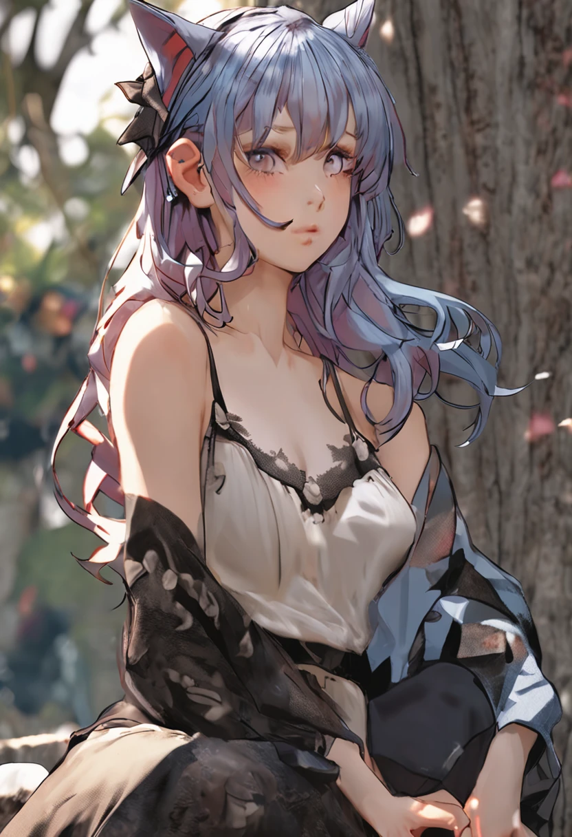 sit on a bed, blacksilk, underwear and panties, Enchanting posture, Charming, Raised sexy, breast enhancement, multicolored hair, hair behind ear, hair over shoulder, long hair, maid headdress, mismatched sclera, cat ears, Social realism, Realism, En plein air, chiaroscuro, projected inset, three sided view, close-up, cowboy shot, UHD, textured skin, high details, highres