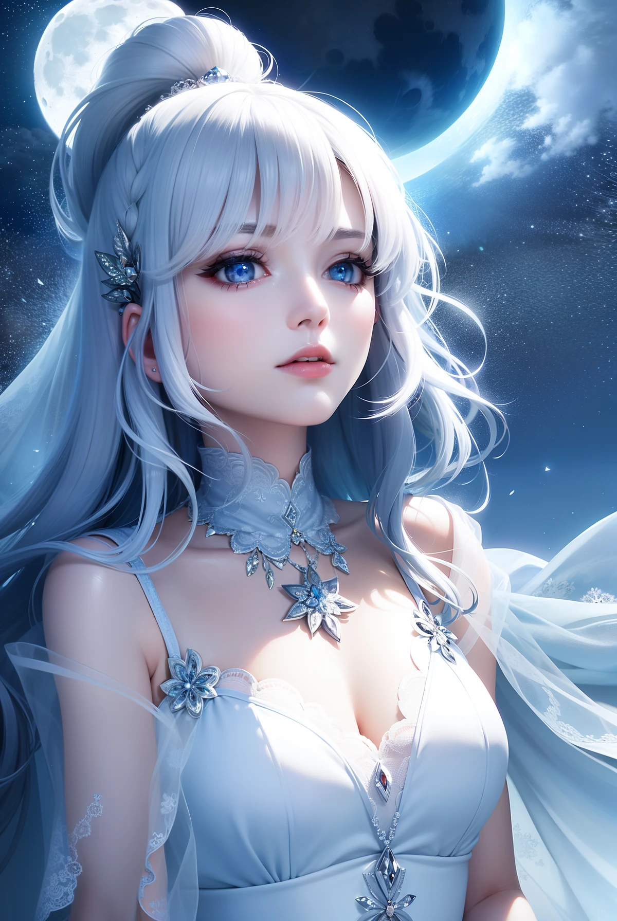 Long white hair and a blue dress in the snow, White-haired God, White hair floating in the air,Fantasy Illustration, Flowing white hair, beautiful若い風の精霊, beautifulファンタジー, Shiny, flowing hair, ether, beautiful, beautifulデジタルアート, Fantasy artwork, ((beautifulファンタジーの皇后)), 2. 5 d cgi Fantasy artwork、Realistic、Highest quality、Ultra delicate、Upper Body、She's super beautiful with big eyes.