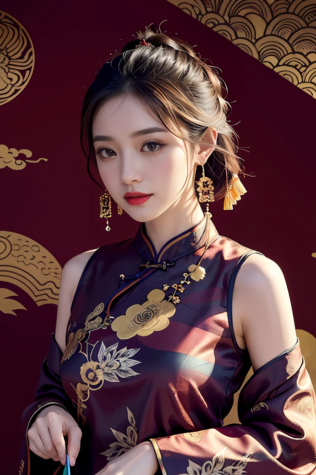 （tmasterpiece，top Quority，best qualtiy，offcial art，Beauty and aesthetics：1.2），（1girll：1.3），(Chinese women's cheongsam)，The is very detailed，（s fractal art：1.1），（a color：1.1）（blossoms：1.3），Most detailed，（ zentangle:1.2), (Dynamic pose), (abstract backgrounds:1.3), (Chinese Traditional Cloth:1.2), (Shiny skin), (many color:1.4), ,(Earrings:1.4),