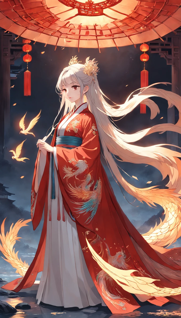 Stunning Chinese Hanfu wedding cloak embroidered with crystal translucent phoenix. The phoenix shines like a diamond. The phoenix comes to life,Dragging a 2-meter skirt. It's beautiful, Noble, Red, magic, Octane rendering, Surreal, Light background