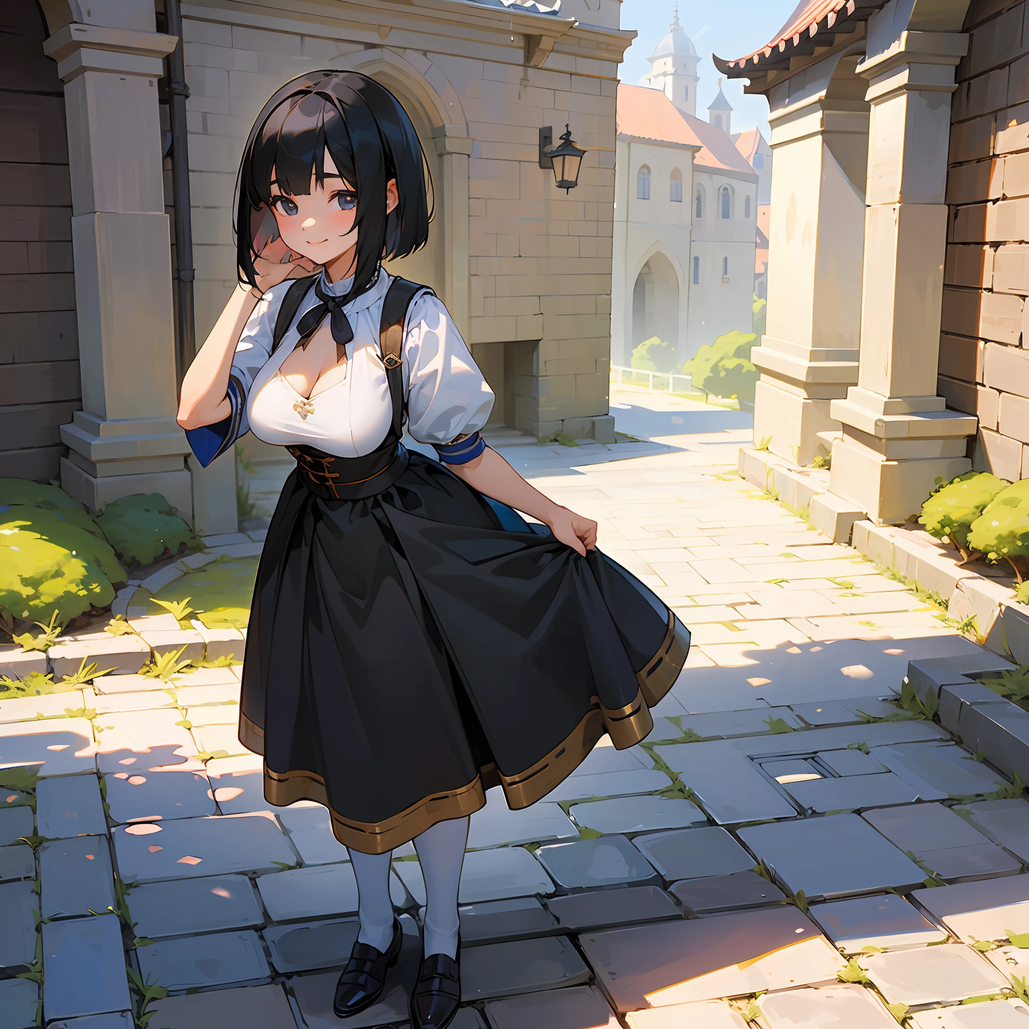 With the best image quality、 girl standing alone outdoors。In high resolution、Beautiful fine details、tranquil atmosphere。((Black Hair Bob Hair))、Cute smile。(((breasts are large)))、I don't have anything in my hands、realistic hand、Medieval European national costume with short sleeves、Medieval European Streets、Leather shoes。
