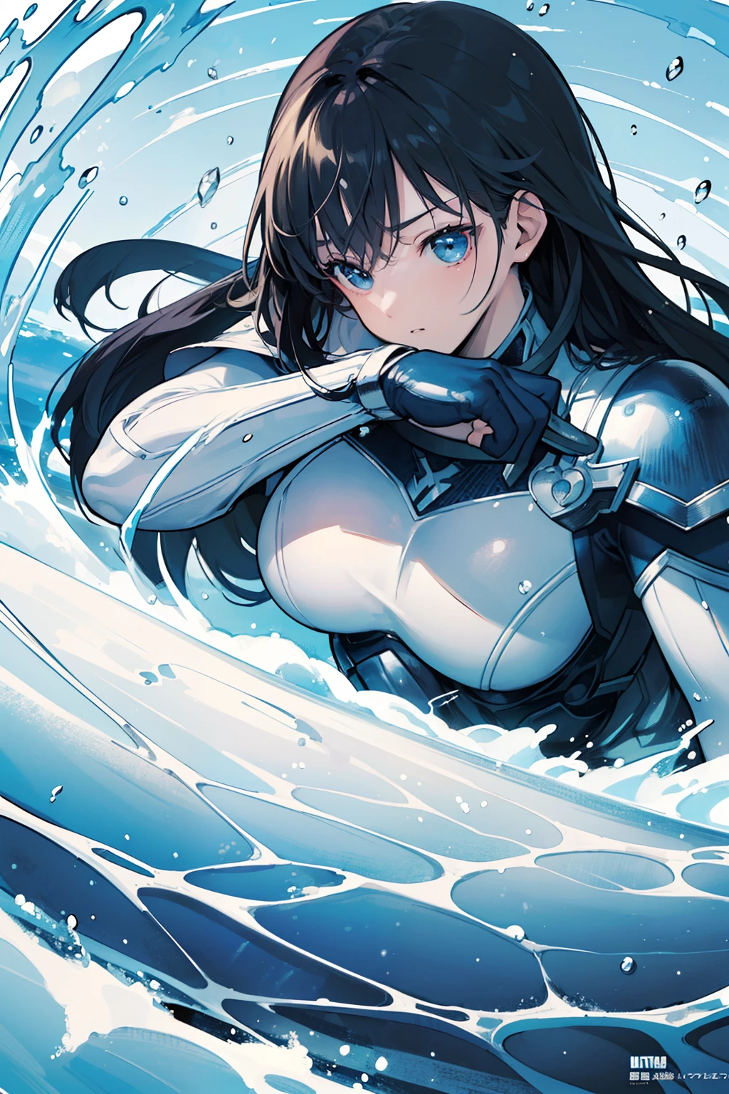(((top-quality)))、(((ultra-detailliert)))、(((masterpiece)))、(((comics)))、Bust Up Close-up、Superhero、action、Dynamic、Pow、Strong hit、Be my shield of waves, be my blade of thunder、Sit in frosty weather
