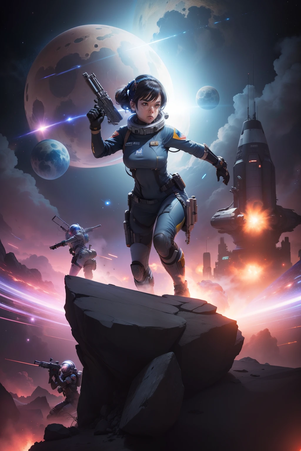 space girl with gun fighting wars, space battle war, fighting bad guys crouched down athletic shooting position, space station, smoke, gunfire, three armed enemy, two space suit bystanders, 64k resolution hyperdetailed, photorealistic, in the style of Robert Rodriguez