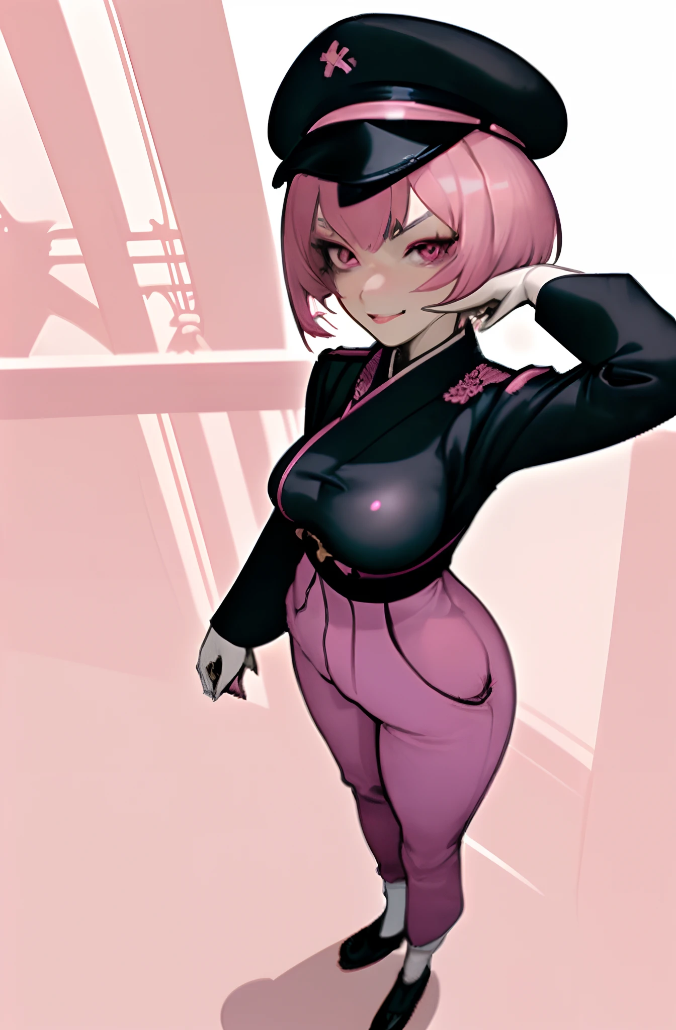 (Anime japonais), Scene seen from above, 1 standing girl looks up sternly, les mains sur les anches, short pink square hair, Big unrealistic pink eyes with very detailed, pantalon militaire ample kaki, Black slanted military cap, en soutien-gorge en dentelle noire, peau brillante , couleur pastel, softlighting, slightly divergent pointed conical breasts, sourire sexy, potelé