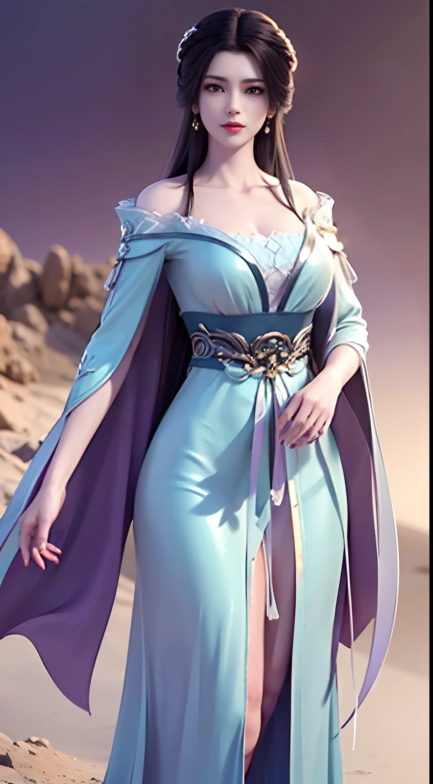 Solo, 1 Beautiful Female, Wuxia World, (1 Girl), (Full Body), (Xiuxian World), Chinese Immortal Wuxia, (Purple Cross-collared Top, Ancient Long Skirt, Embroidered Cape, Streamer), Brunette Hair, Chinese Coiled Bun, Hairpin, Light Pink Lips, Calm, Intellectual, Delicate Face, Masterpiece, Best Quality, High Quality, High Definition, High Quality Texture, High Quality Shadows, High Detail, Cinematic Light, Side Lighting, Ray Tracing, Sharp Focus, Realistic, Edge Light, Two-tone Light, (Detailed Skin Details: 1.2), 8k uhd, SLR, soft light, high quality, high resolution, (very detailed CG unity 8k wallpaper)