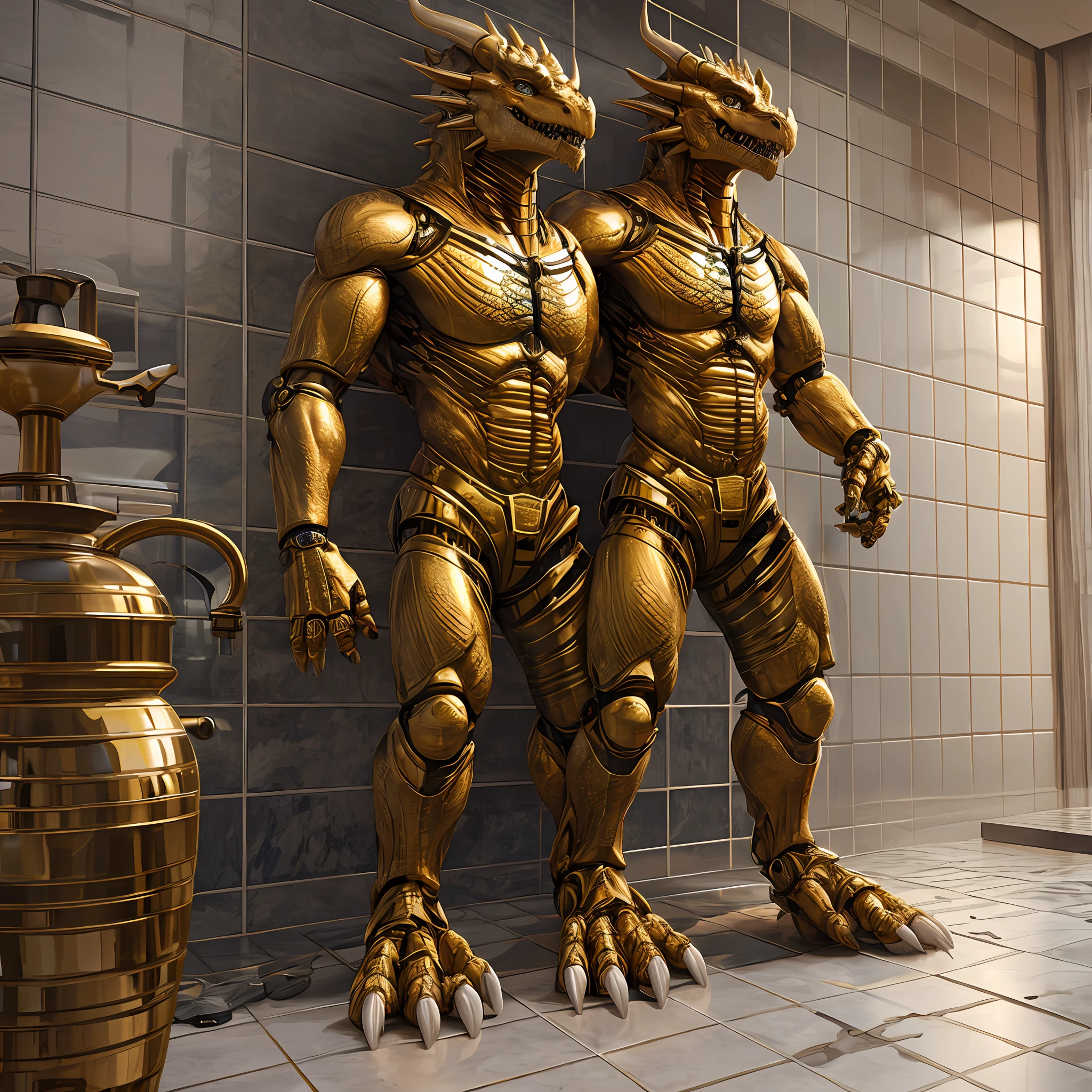 Humanoid golden mechanical dragon,Holding white sandals,Standing on the tiled floor of the apartment。high-definition image,Rich and realistic in detail,high qulity。Extremely detailed CG