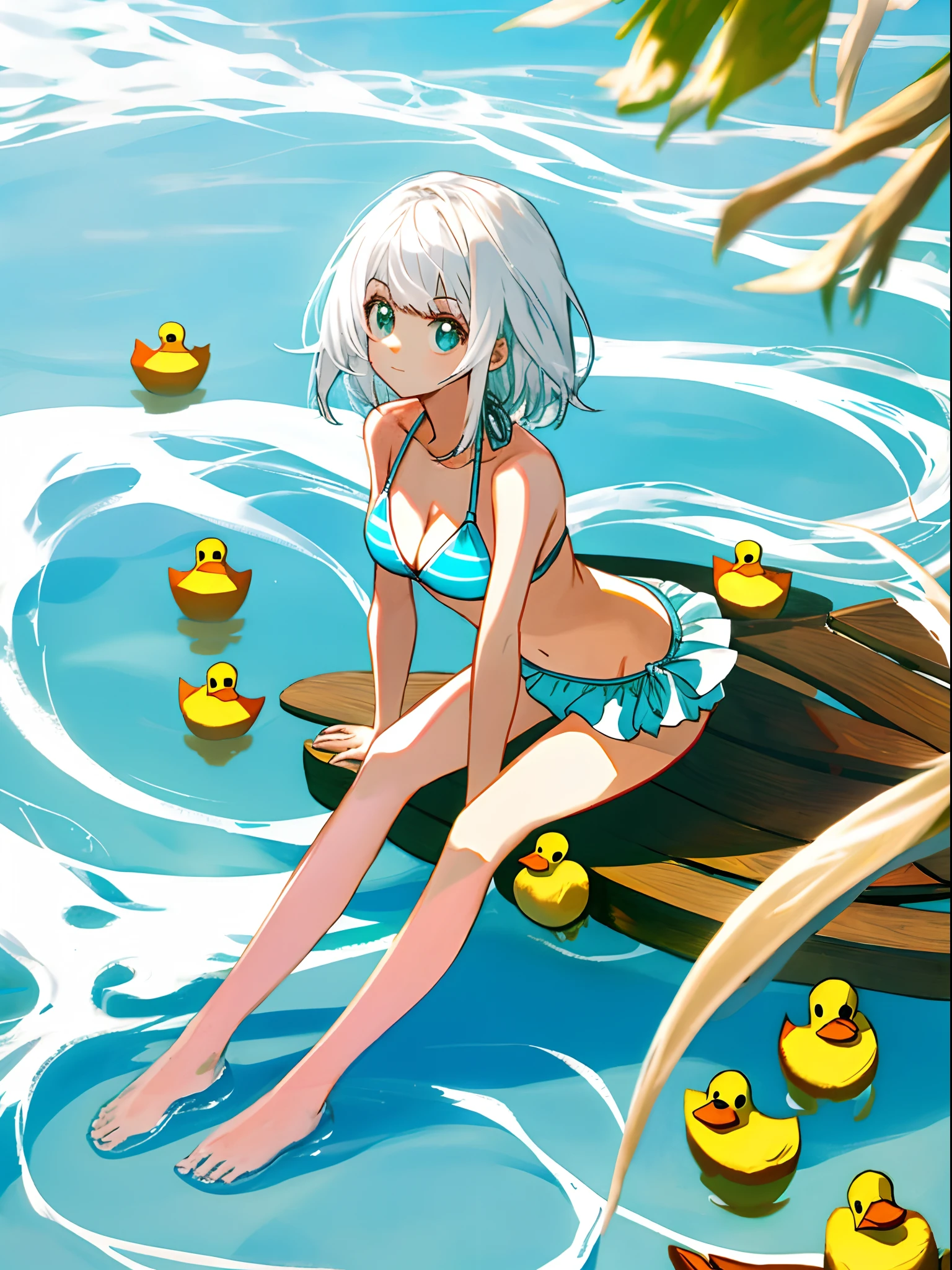 quadratic element,white color hair,duck sitting,Cute bikini beautiful girl