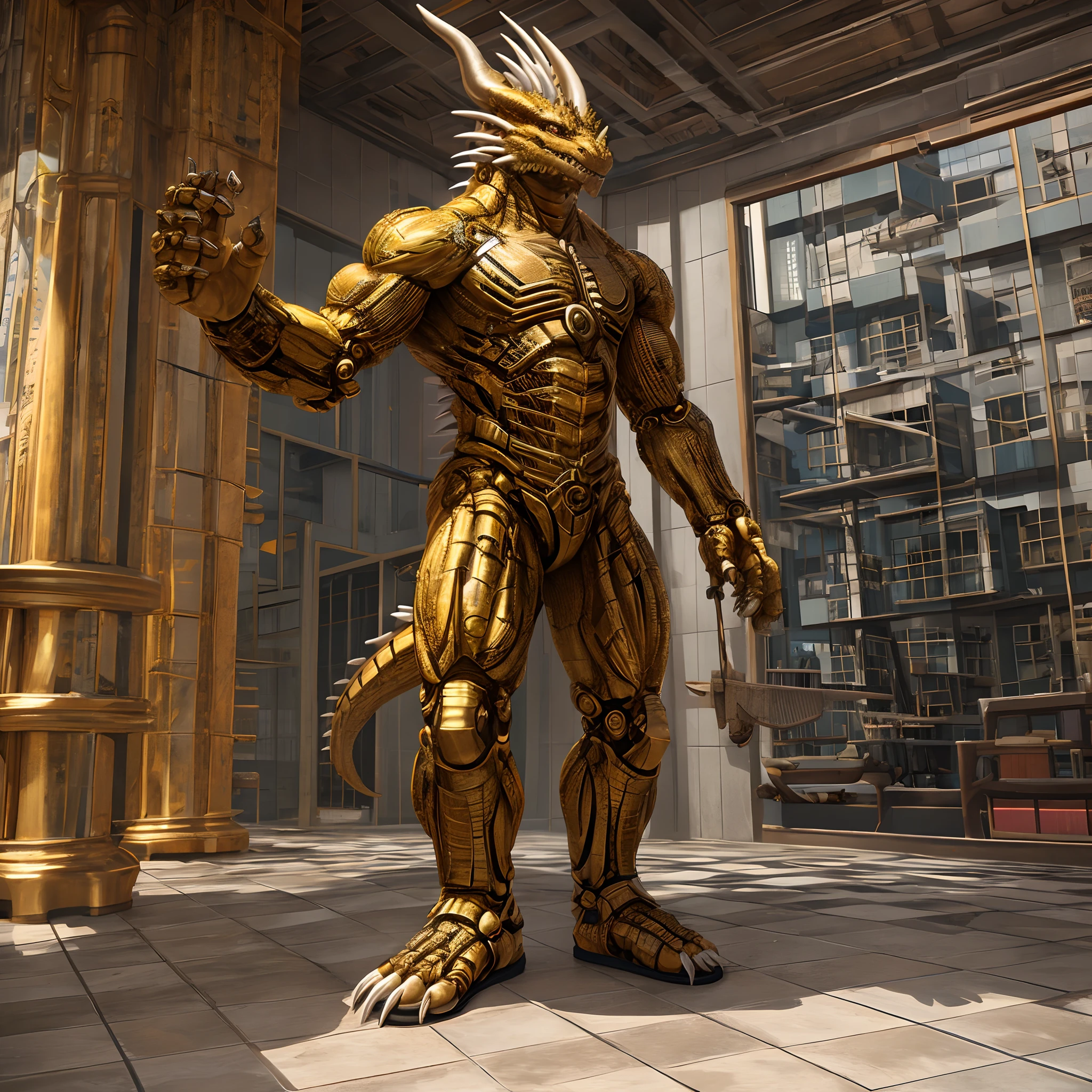 Humanoid golden mechanical dragon,wearing a white skirt,sandals,Standing on the tiled floor of the apartment。high-definition image,Rich and realistic in detail,high qulity。Extremely detailed CG